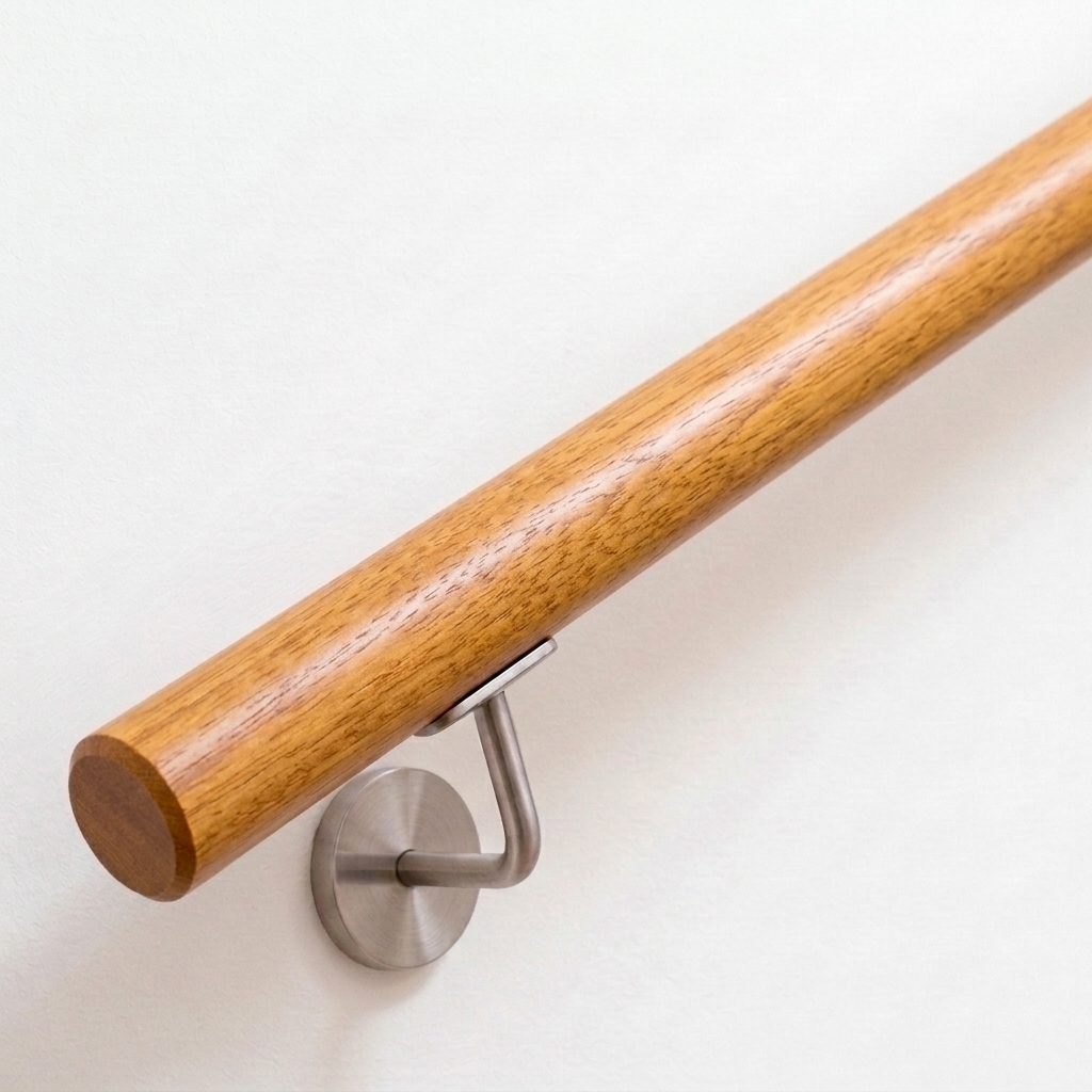 Main courante ronde en iroko brun doré avec support inox sur mur blanc, extrémité droite, vue oblique de dessus