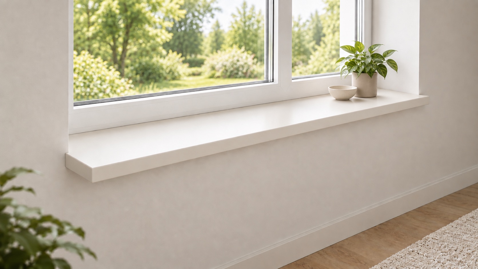 Appui de fenêtre clair à l'intérieur, fenêtre sur la verdure, appui blanc sur mur clair, petite plante, parquet