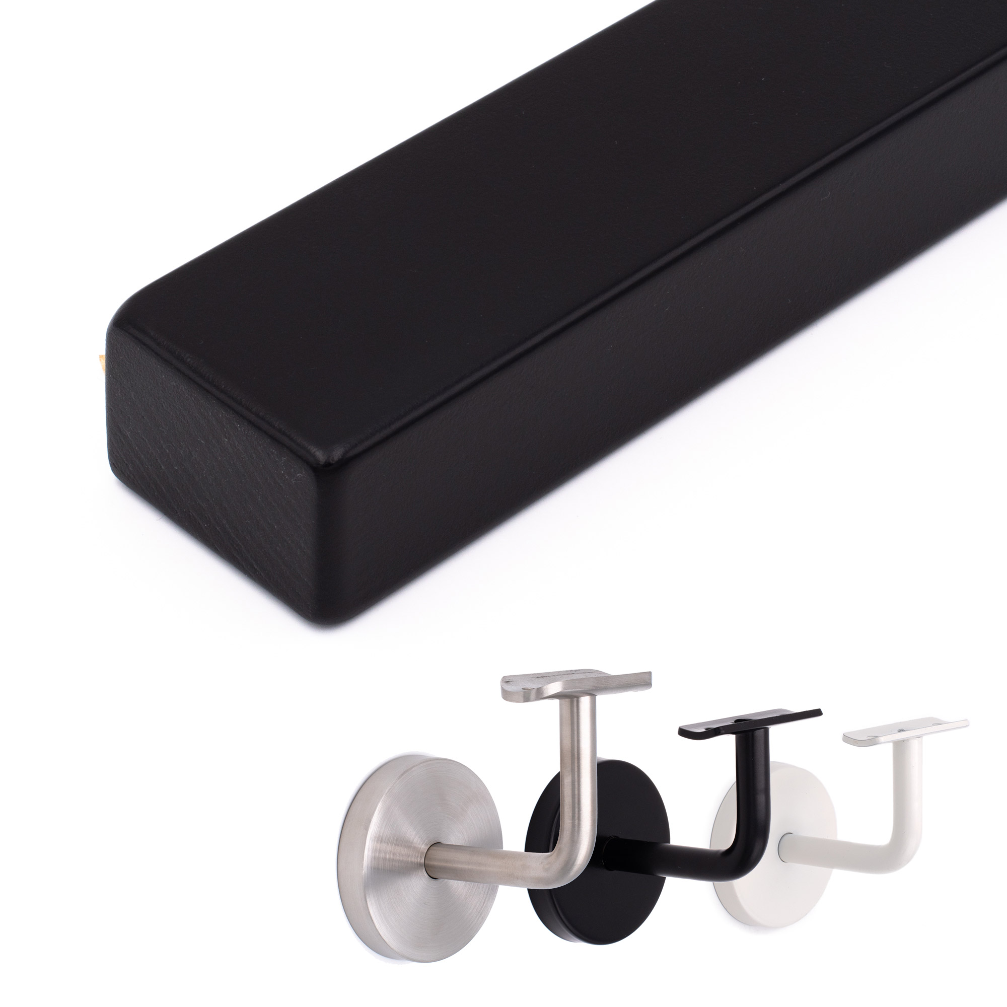 Main courante rectangulaire en hêtre noir posée à plat, arêtes arrondies, avec supports inox, noir et blanc