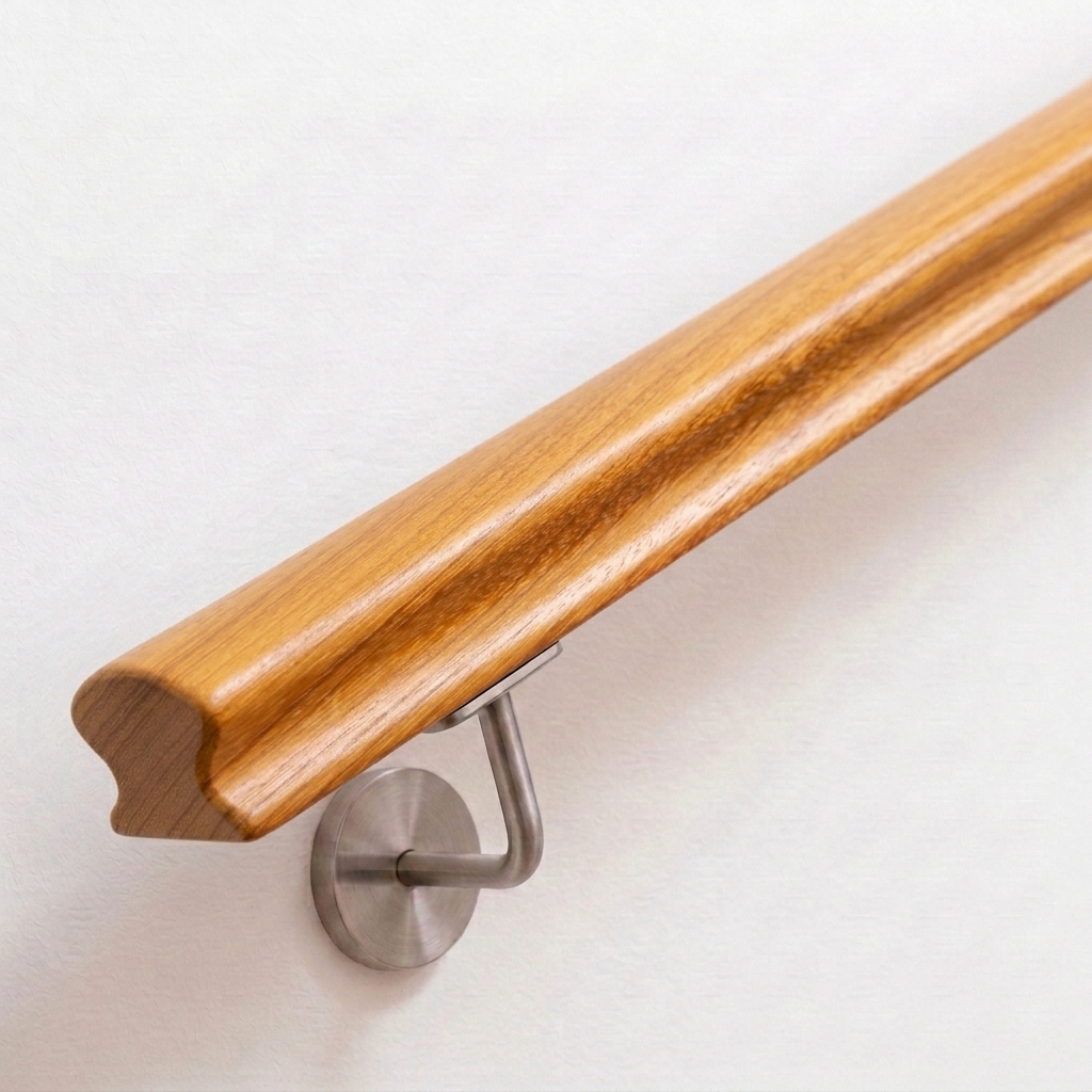 Main courante Omega en iroko brun doré à section profilée, support de main courante inox sur mur blanc, extrémité droite