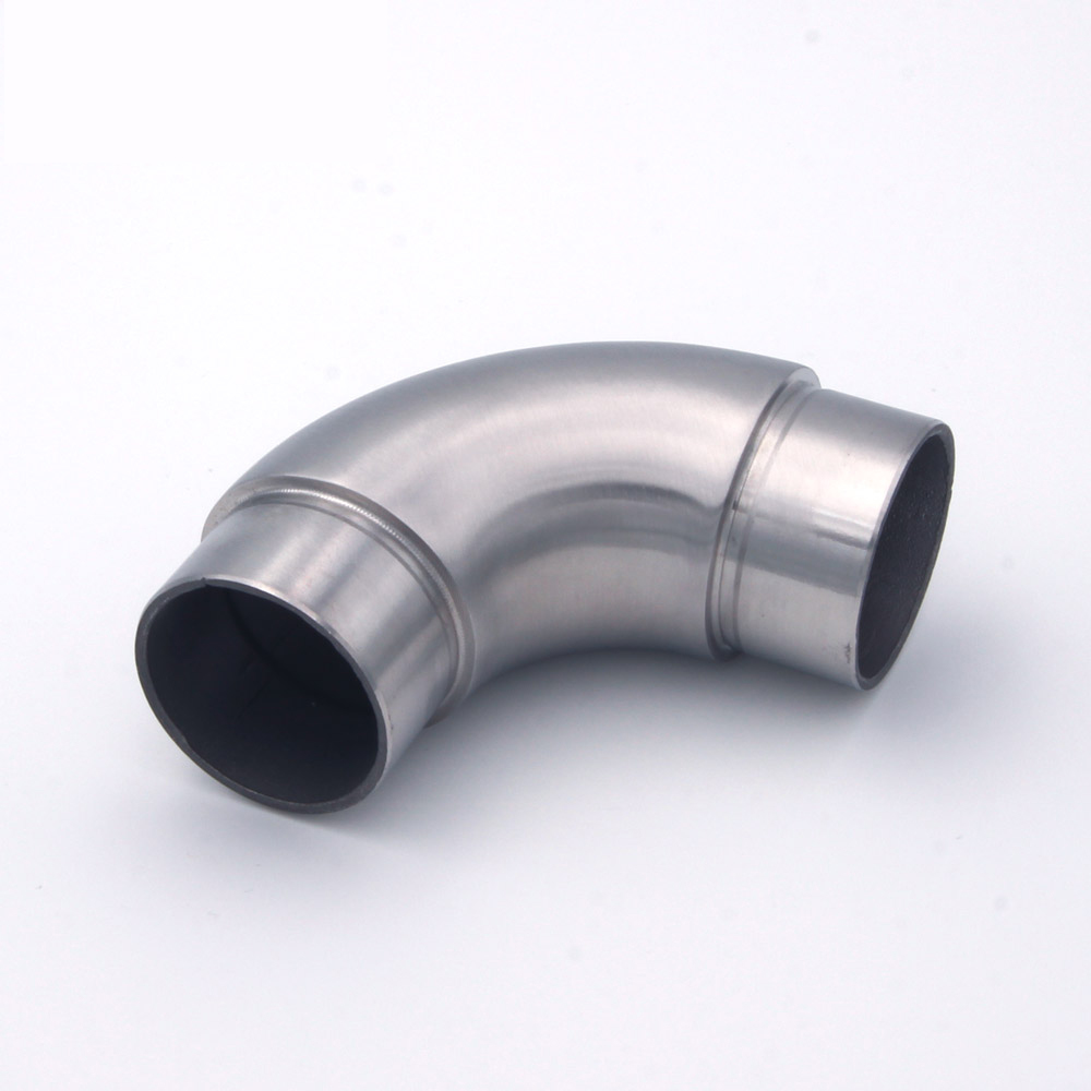 Coude à 90° arrondi en acier inoxydable pour main courante inox de 42,4 mm, vue en biais, extrémité ouverte à gauche