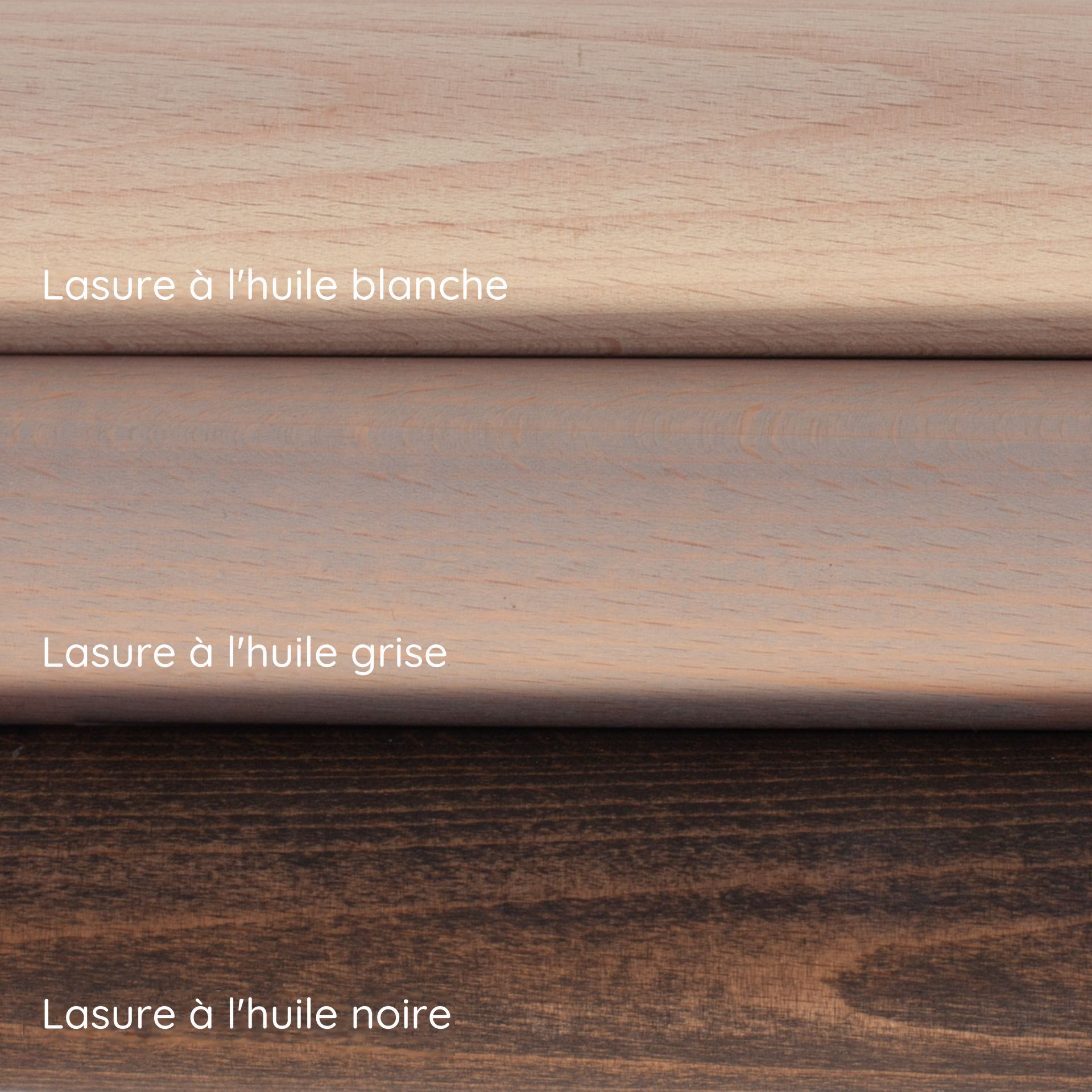 Lasures à l'huile blanche, grise et noire sur main courante en hêtre : trois échantillons de teinte superposés