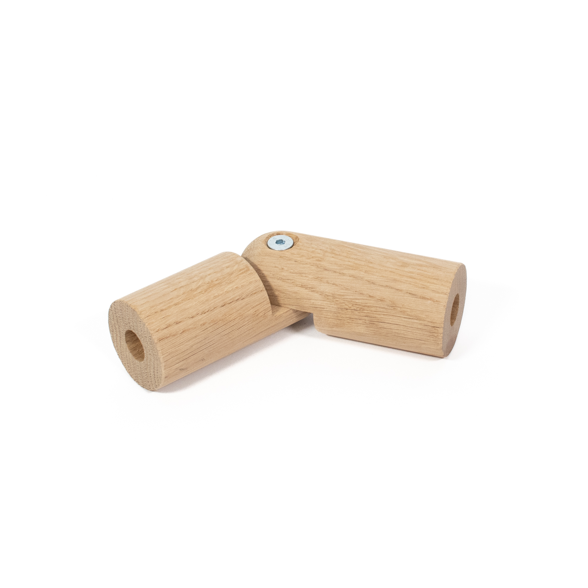 Raccord d'angle flexible en chêne Ø 42 mm pour main courante en bois, coudé à environ 120°, vis visible, détouré