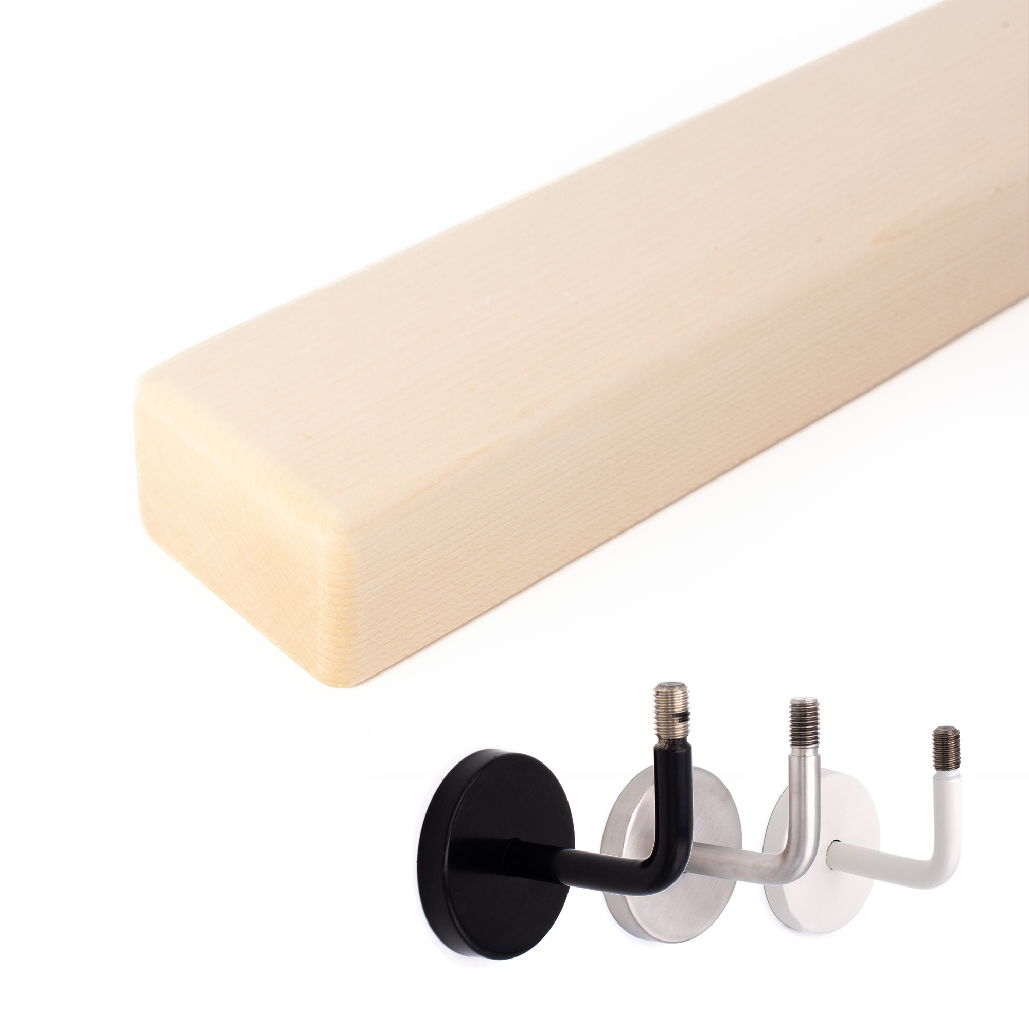 Main courante rectangulaire en érable naturel, détourée en diagonale avec supports de main courante noir, inox et blanc