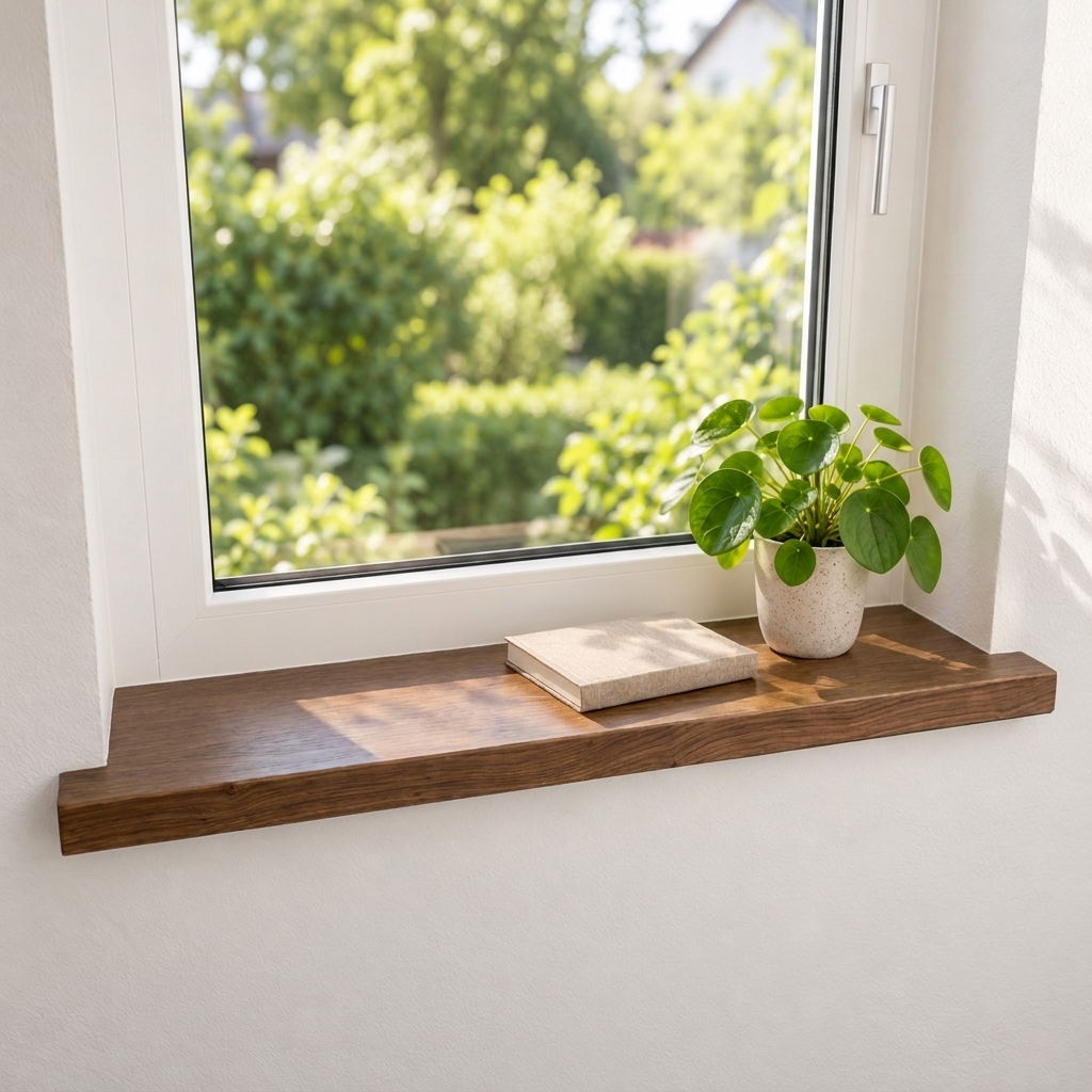 Appui de fenêtre de rénovation en chêne teinté brun, bois massif, fenêtre côté jardin, plante en pot et livre sur l'appui