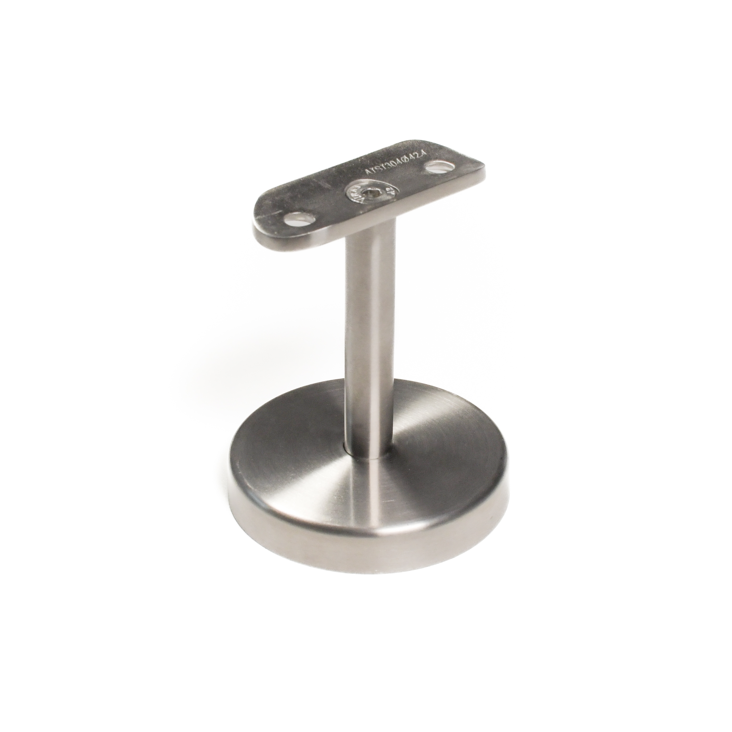 Support de main courante modèle 06 court inox avec plaque bombée et rosace murale ronde, détouré en vue plongeante