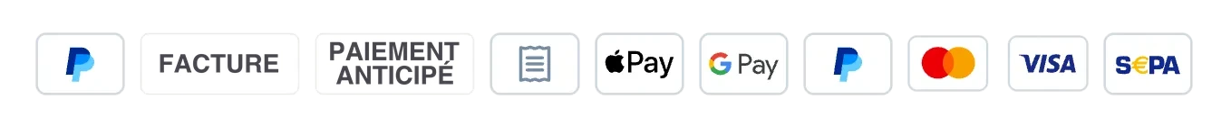 Modes de paiement : PayPal, facture, paiement anticipé, Apple Pay, Google Pay, Mastercard, Visa et prélèvement SEPA