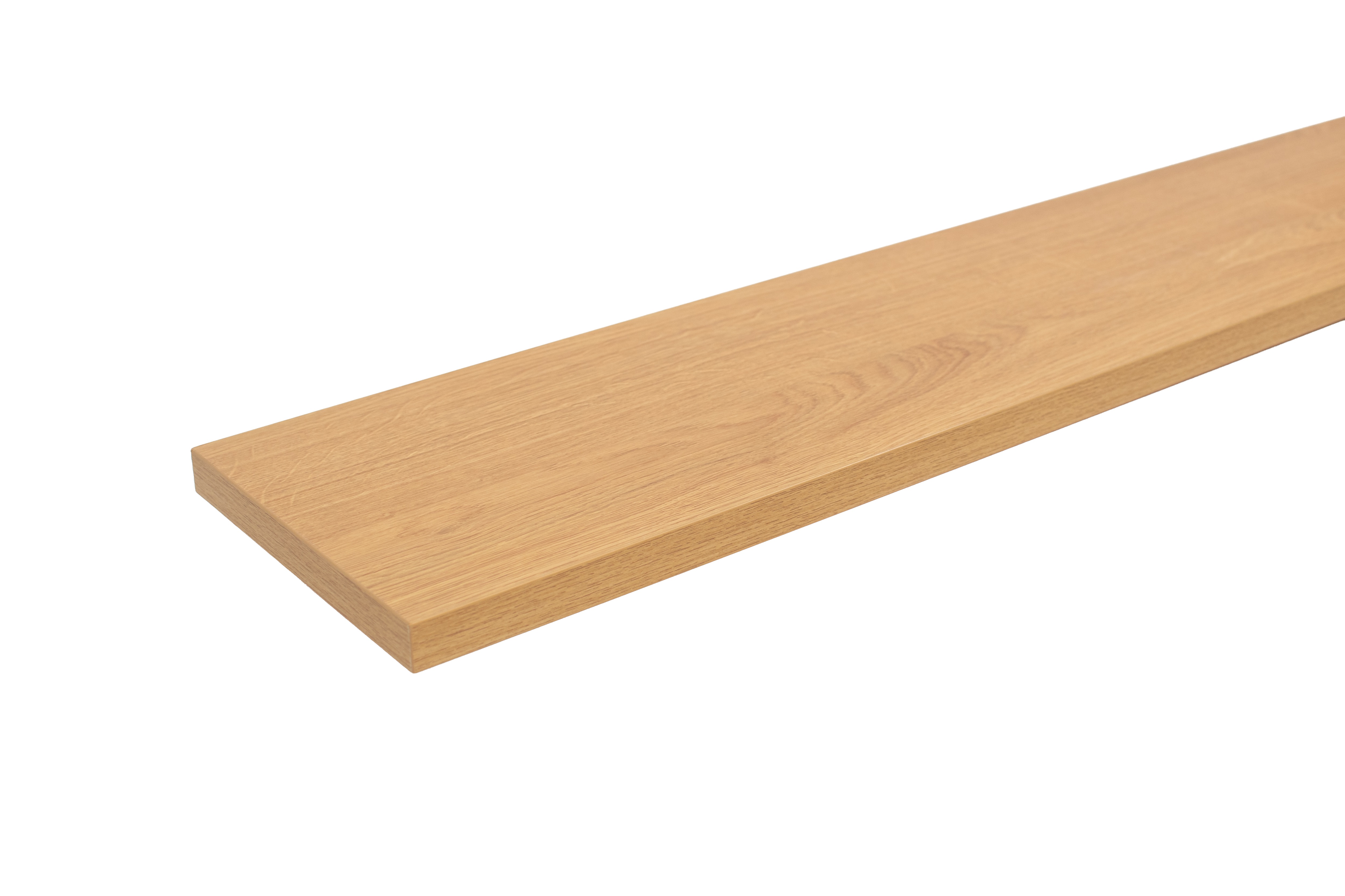 Appui de fenêtre en mélaminé aspect bois chêne, détouré en vue latérale à plat avec face d'about visible