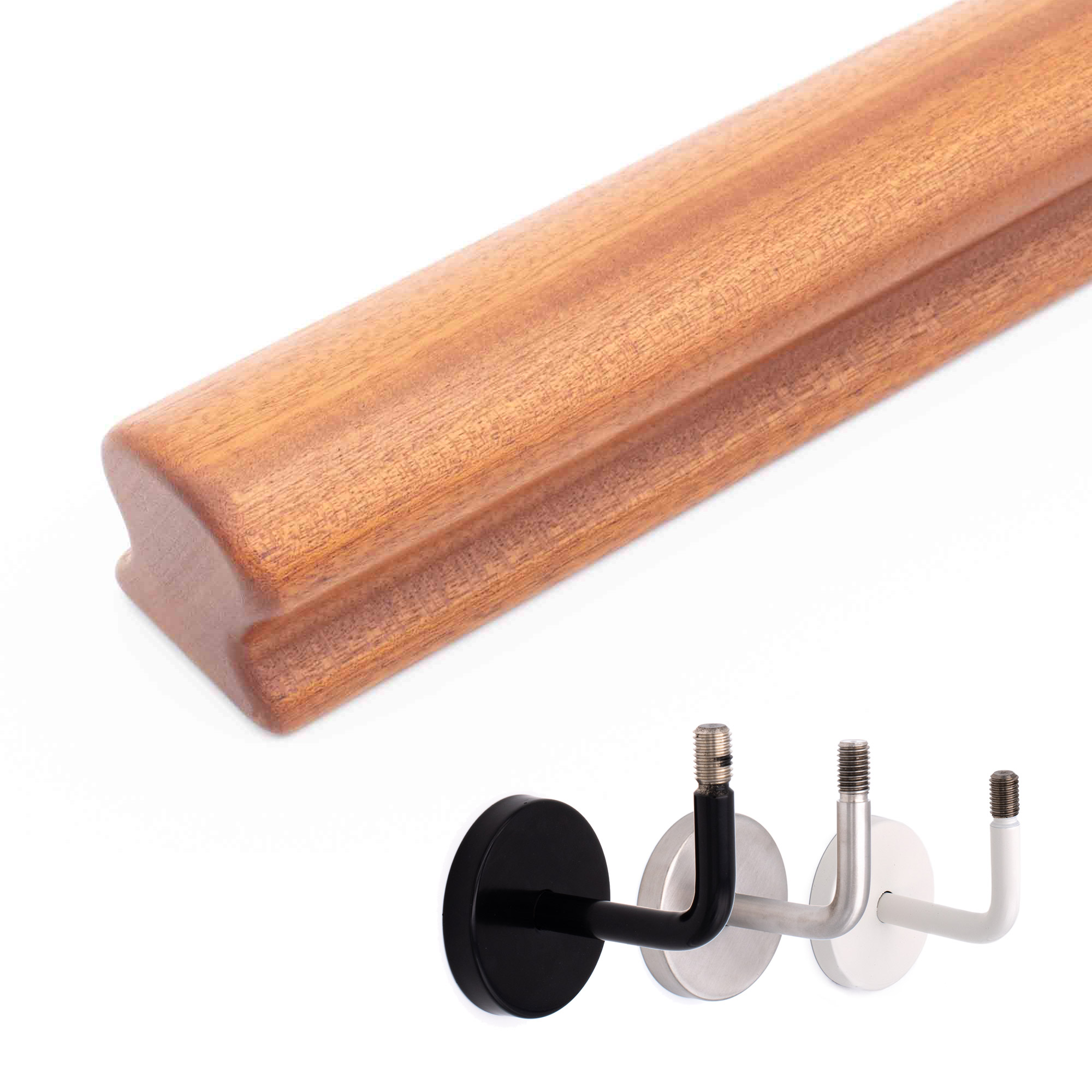 Main courante Omega en acajou à extrémité arrondie, en dessous trois supports muraux au choix : noir, inox et blanc