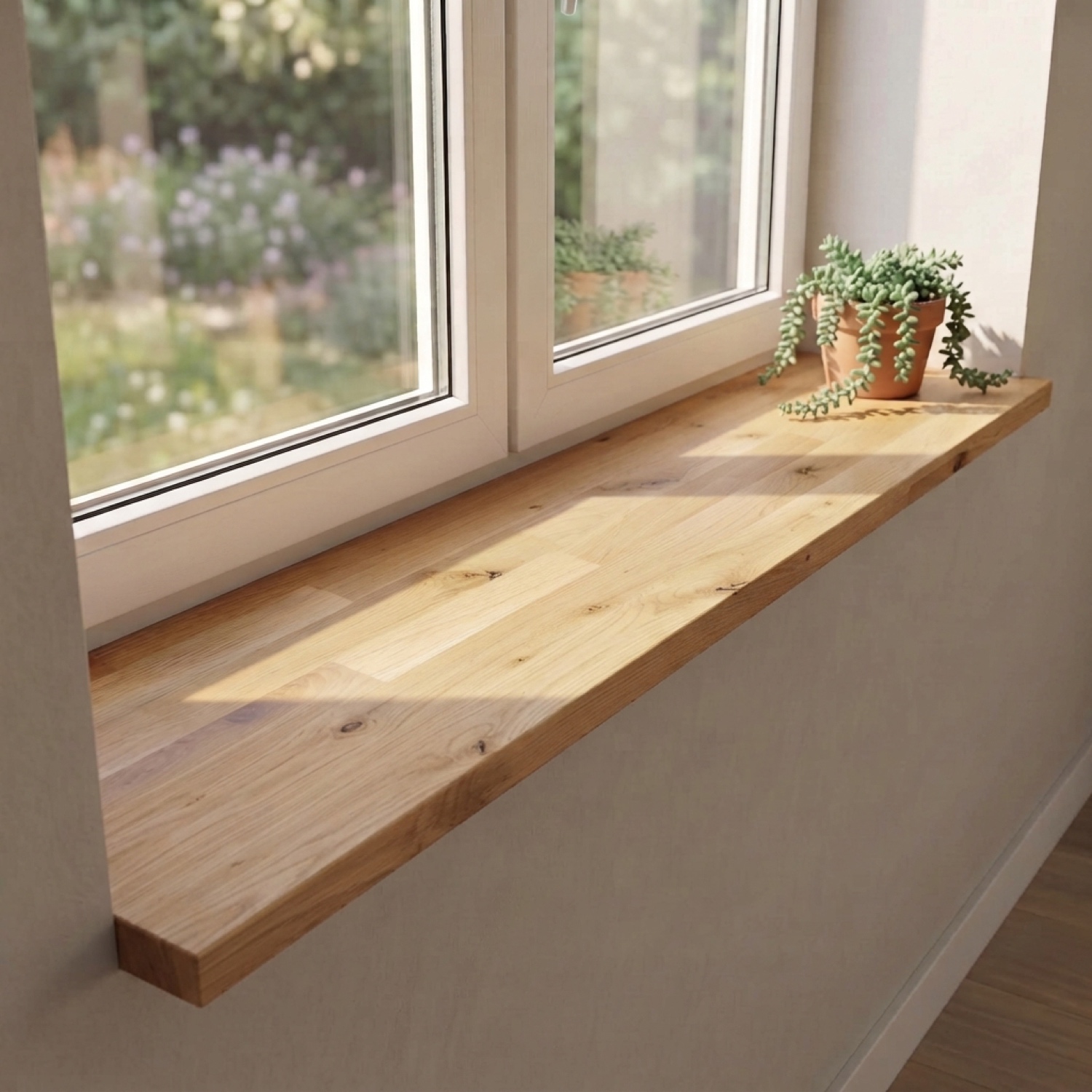 Appui de fenêtre en chêne sauvage naturel, abouté, avec nœuds sous double fenêtre côté jardin, plante retombante en pot