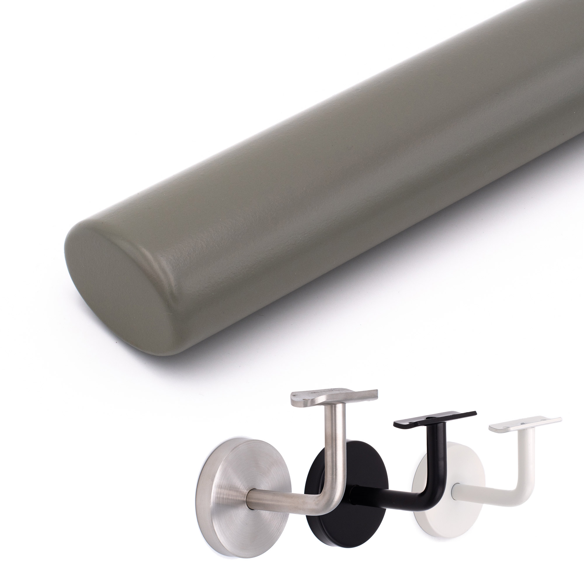 Main courante ovale en hêtre laqué gris, détourée en diagonale avec supports de main courante inox, noir et blanc
