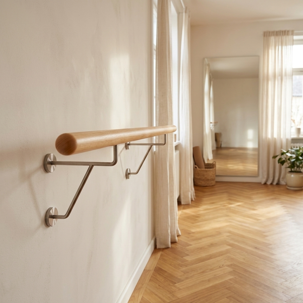 Barre de ballet ronde en hêtre avec supports muraux inox sur mur clair, pièce avec parquet à chevrons et miroir