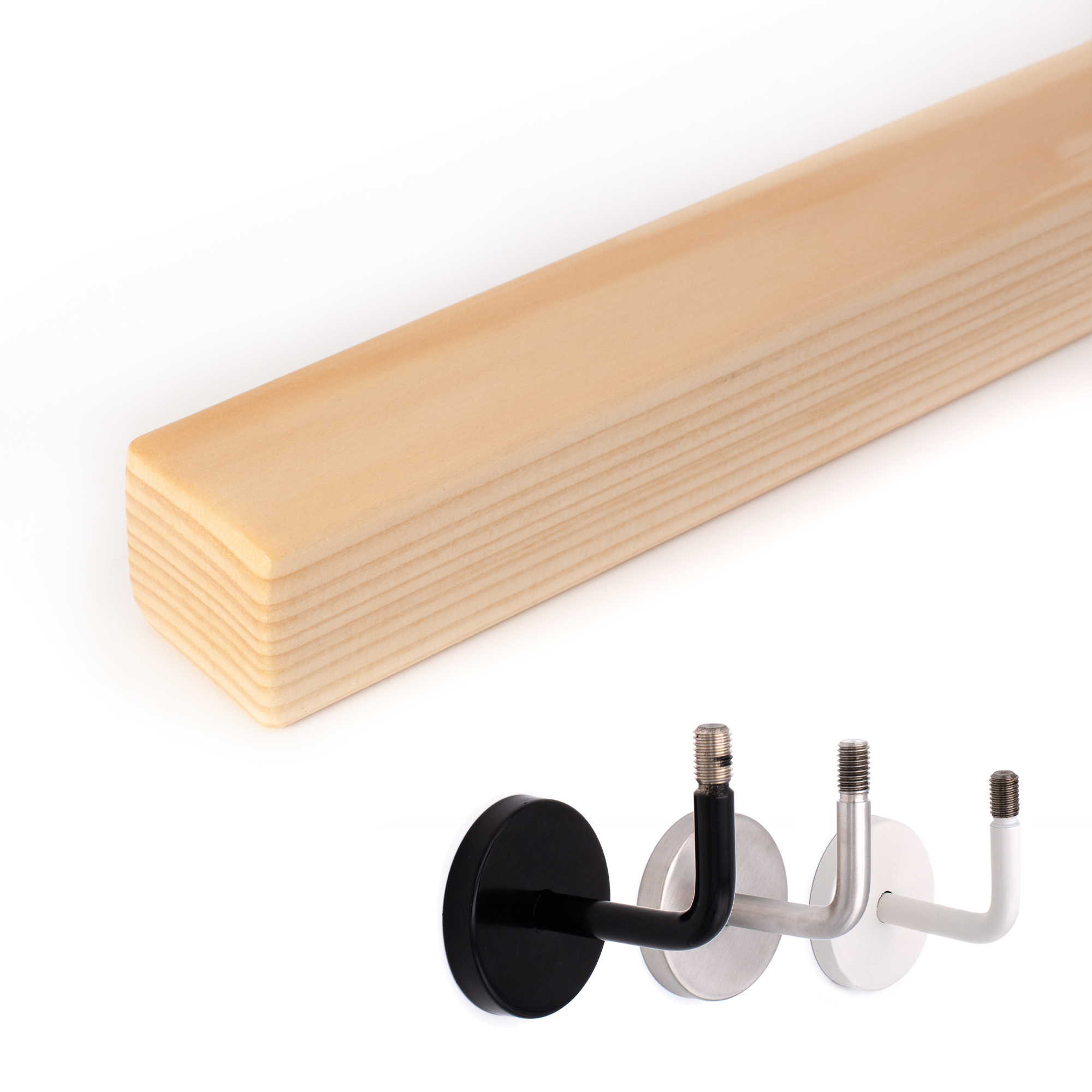 Main courante carrée en épicéa : main courante en bois carrée en épicéa, à côté supports noir, inox et blanc