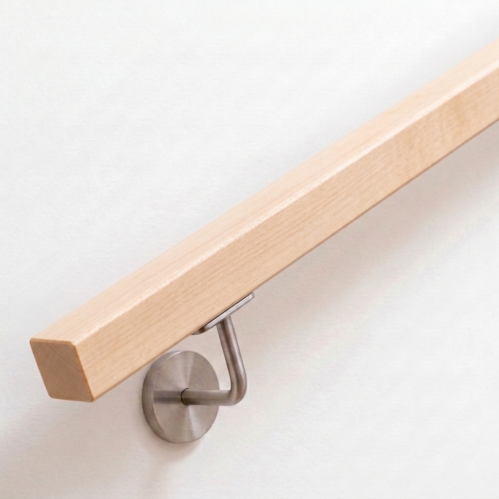 Main courante carrée en érable sur mur blanc avec support inox, bois clair naturel, vue en biais
