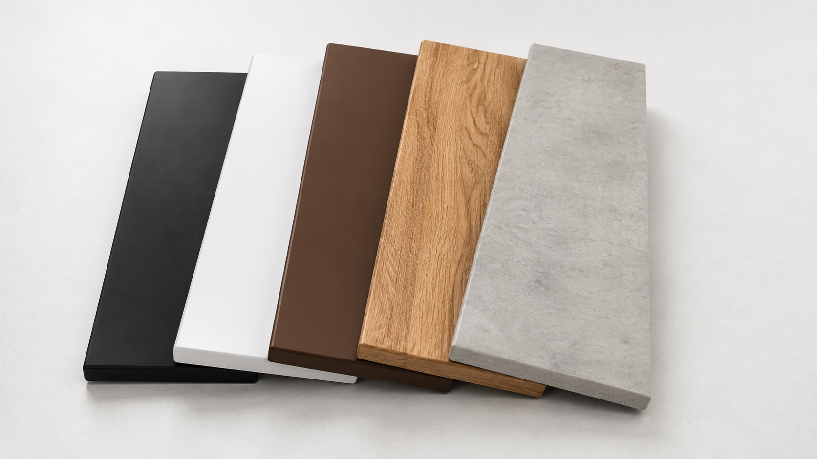 Appuis de fenêtre en mélaminé en cinq décors en éventail : noir, blanc, brun foncé, décor chêne et aspect pierre gris clair