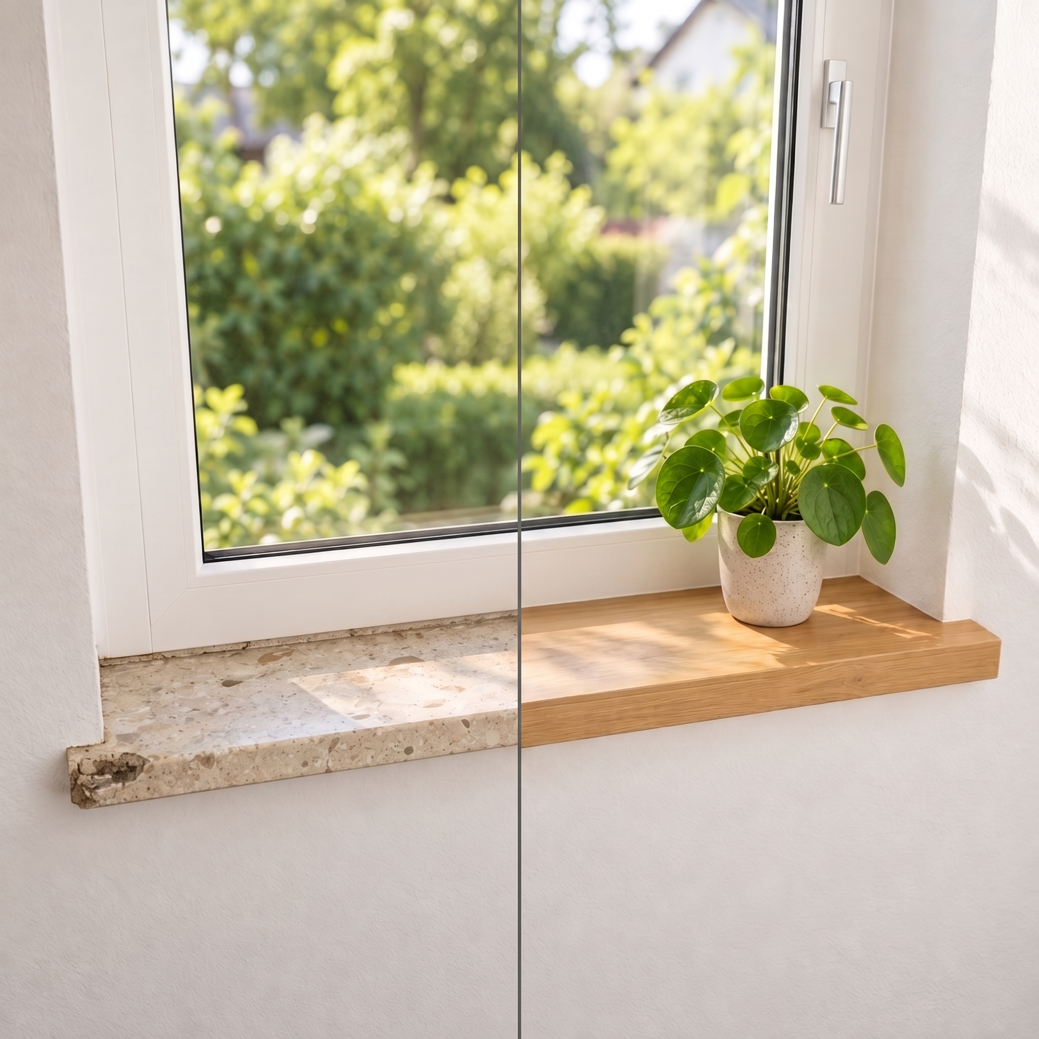 Appui de fenêtre de rénovation en chêne naturel, avant-après : ancien appui en pierre à gauche, chêne clair à droite
