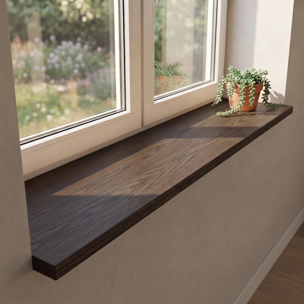 Appui de fenêtre en mélaminé aspect bois noyer sous double fenêtre donnant sur le jardin, plante retombante en pot