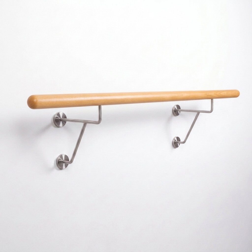 Barre de ballet ronde en hêtre avec deux doubles supports muraux inox, bois naturel clair rosé, détourée