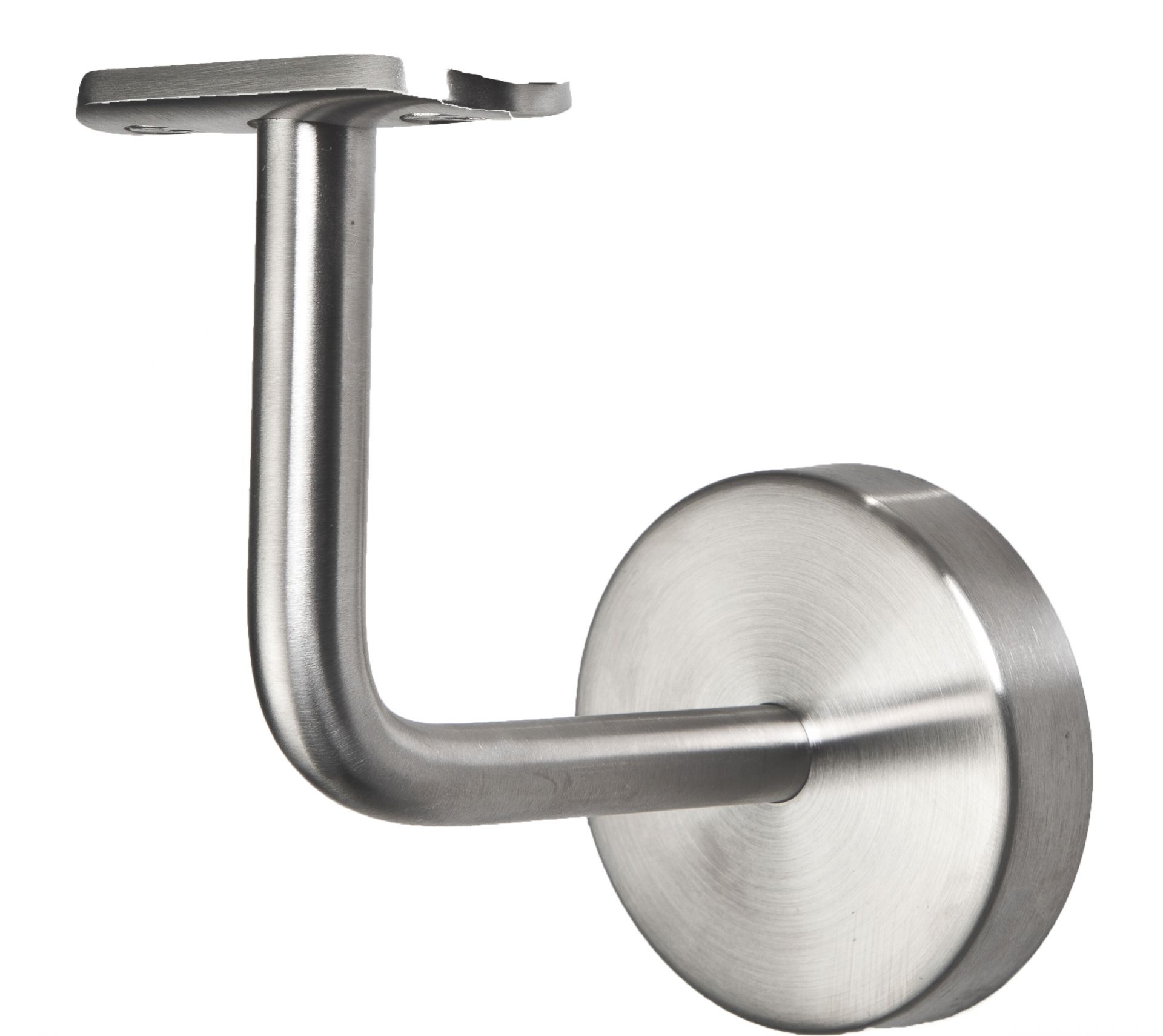Support de main courante inox avec rosace ronde, bras cintré et platine bombée pour main courante ronde, détouré