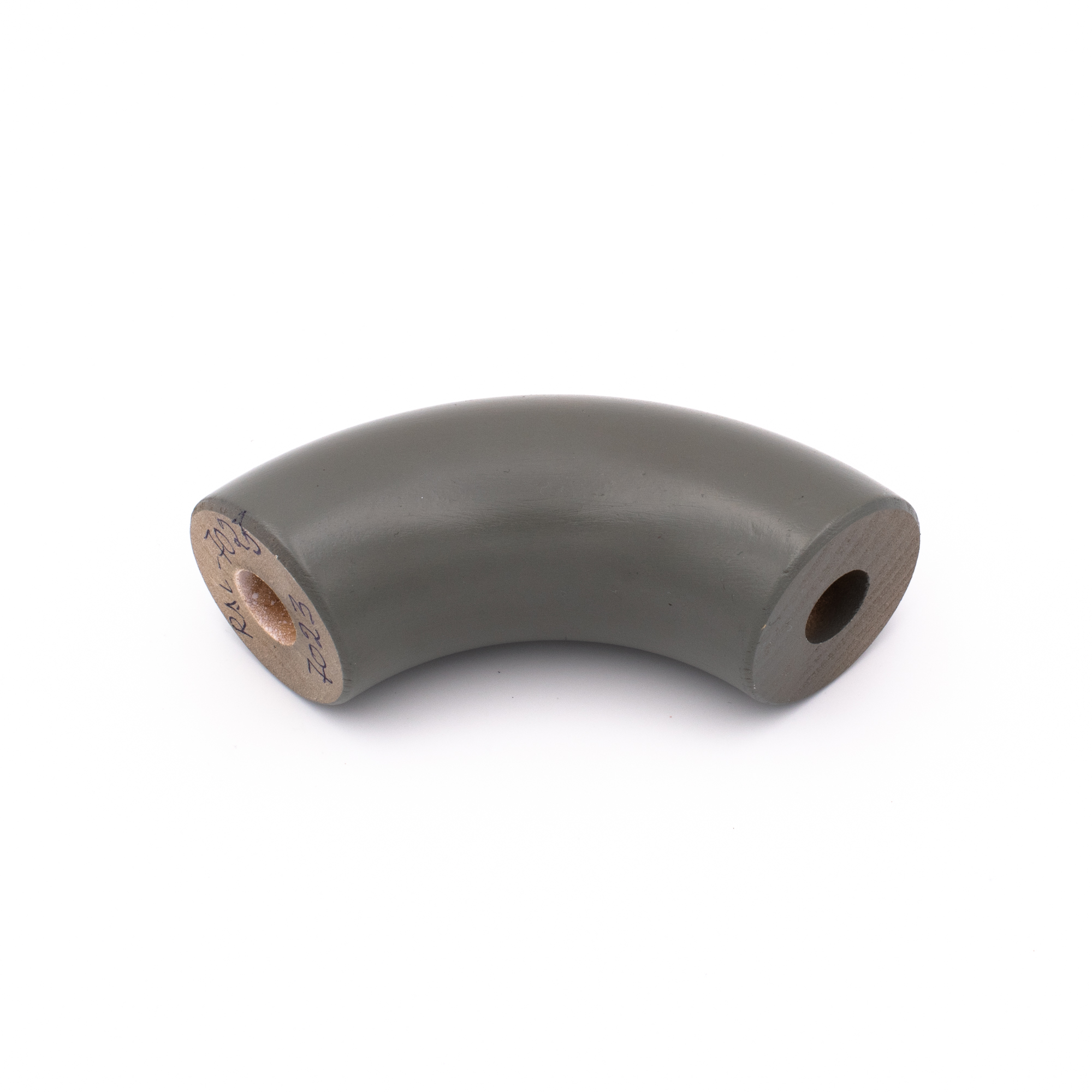 Coude de main courante rond en hêtre laqué gris, courbé à 90°, abouts avec perçage pour tourillon, détouré