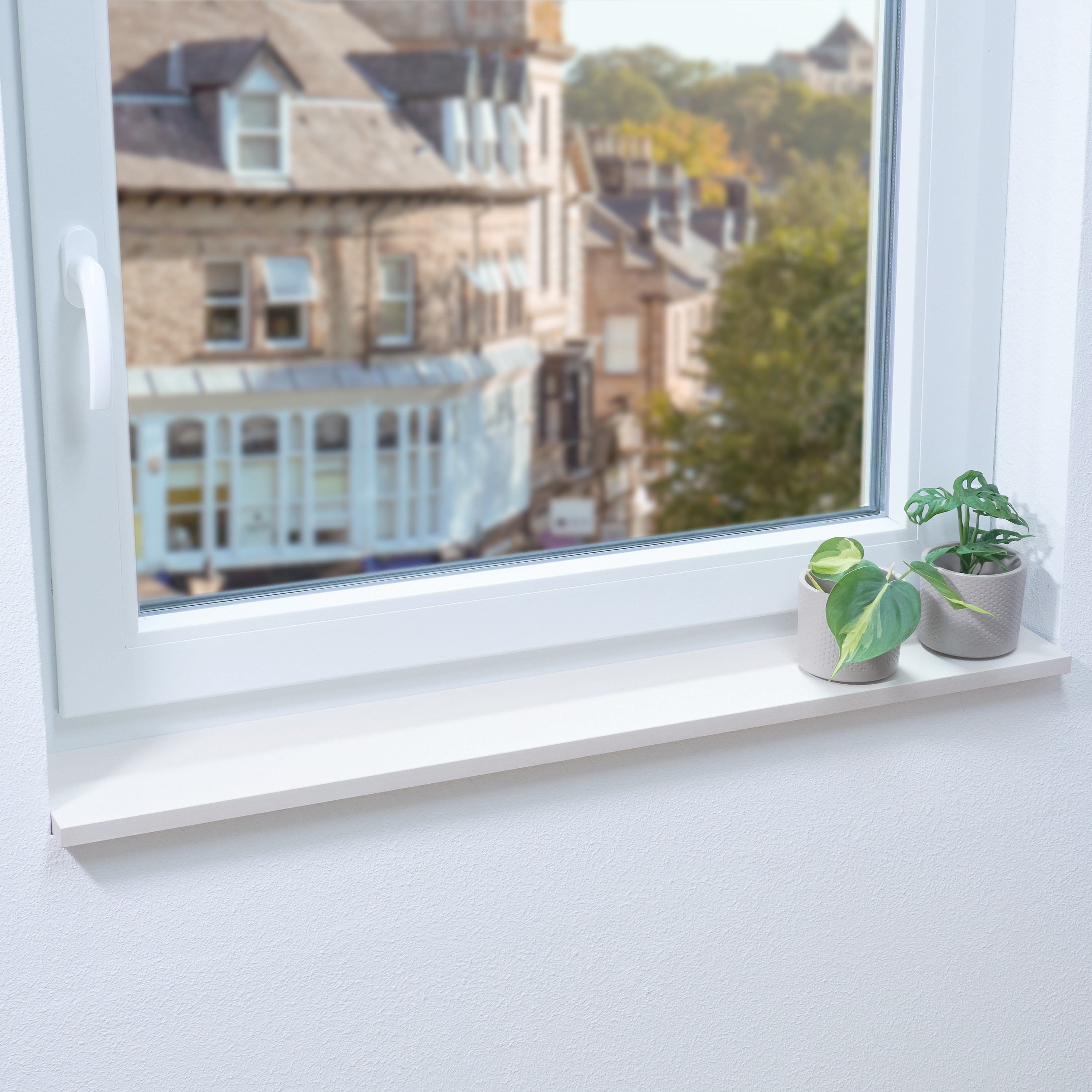 Appui de fenêtre en bois laqué blanc sur fenêtre blanche avec deux petites plantes en pot, vue sur maisons et arbres