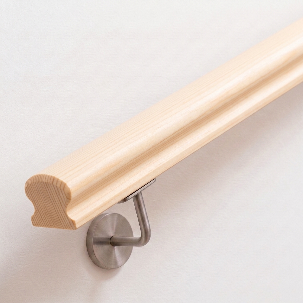 Main courante Omega en épicéa, résineux clair à section profilée, support inox sur mur blanc, extrémité droite