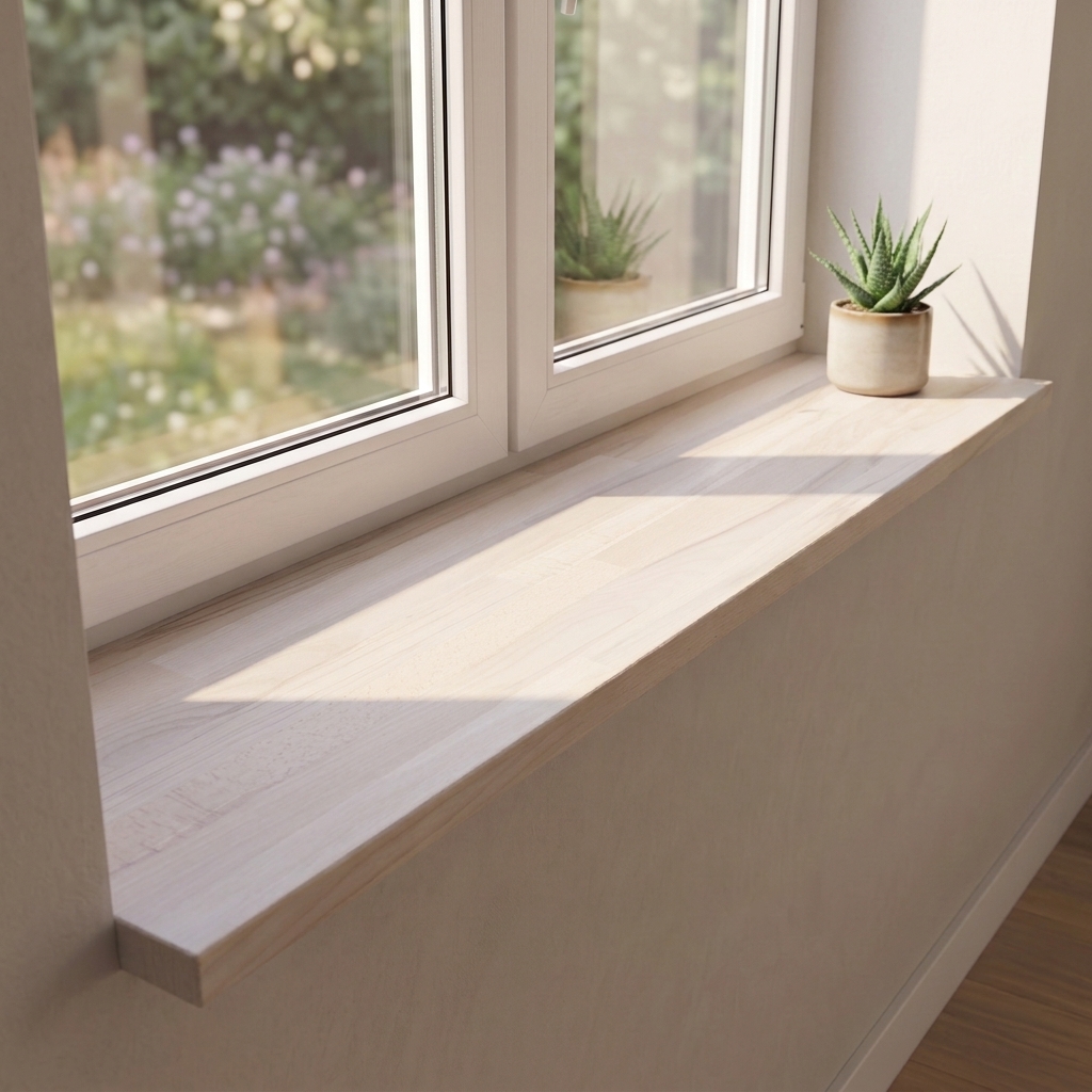 Appui de fenêtre en hêtre à cœur rouge teinté blanc, abouté, sous fenêtre côté jardin, veinage clair et plante en pot