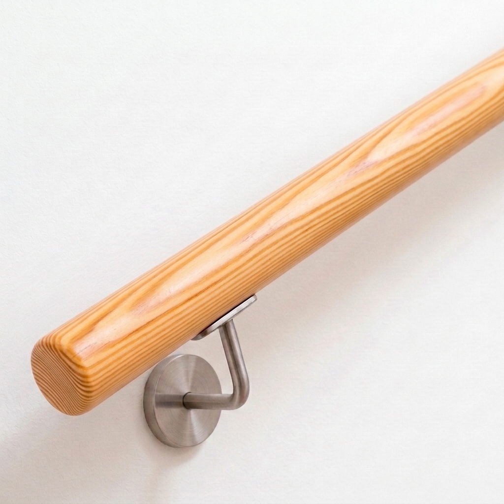 Main courante ronde en pin au veinage jaunâtre avec support inox sur mur blanc, extrémité droite, vue oblique