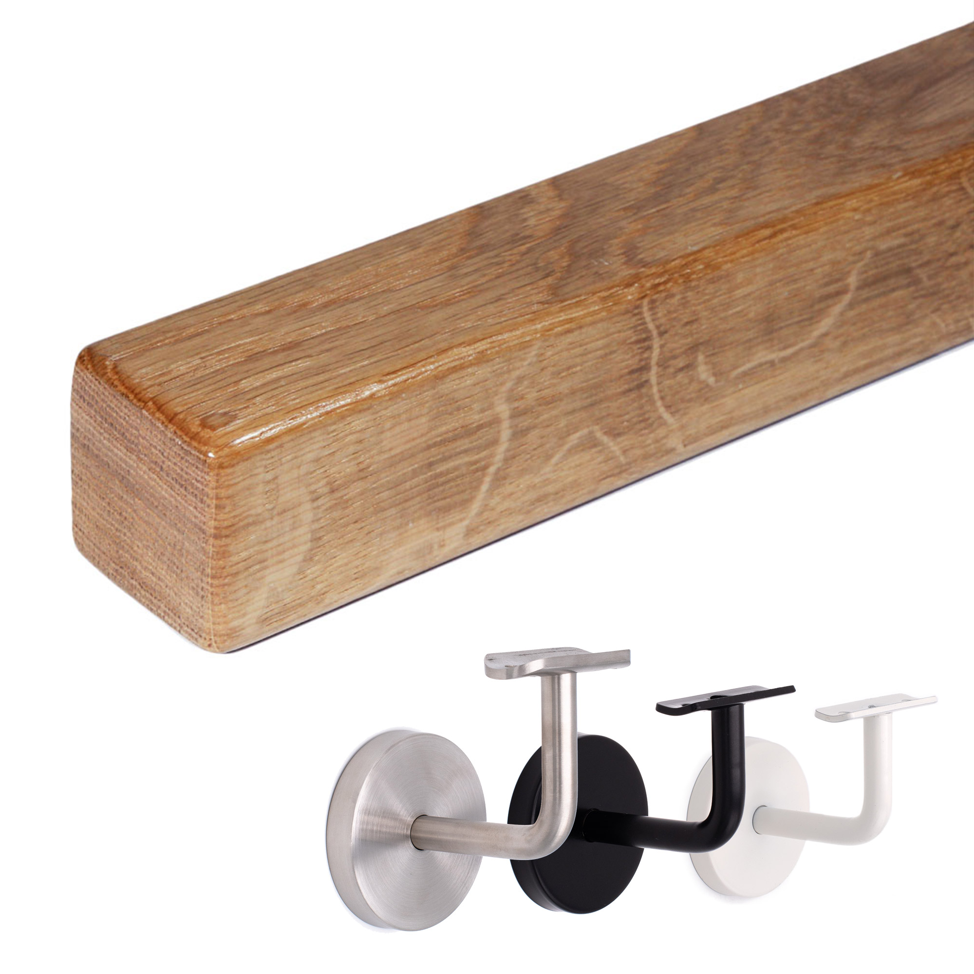 Main courante carrée en chêne : main courante en bois carrée en chêne, à côté supports en inox, noir et blanc