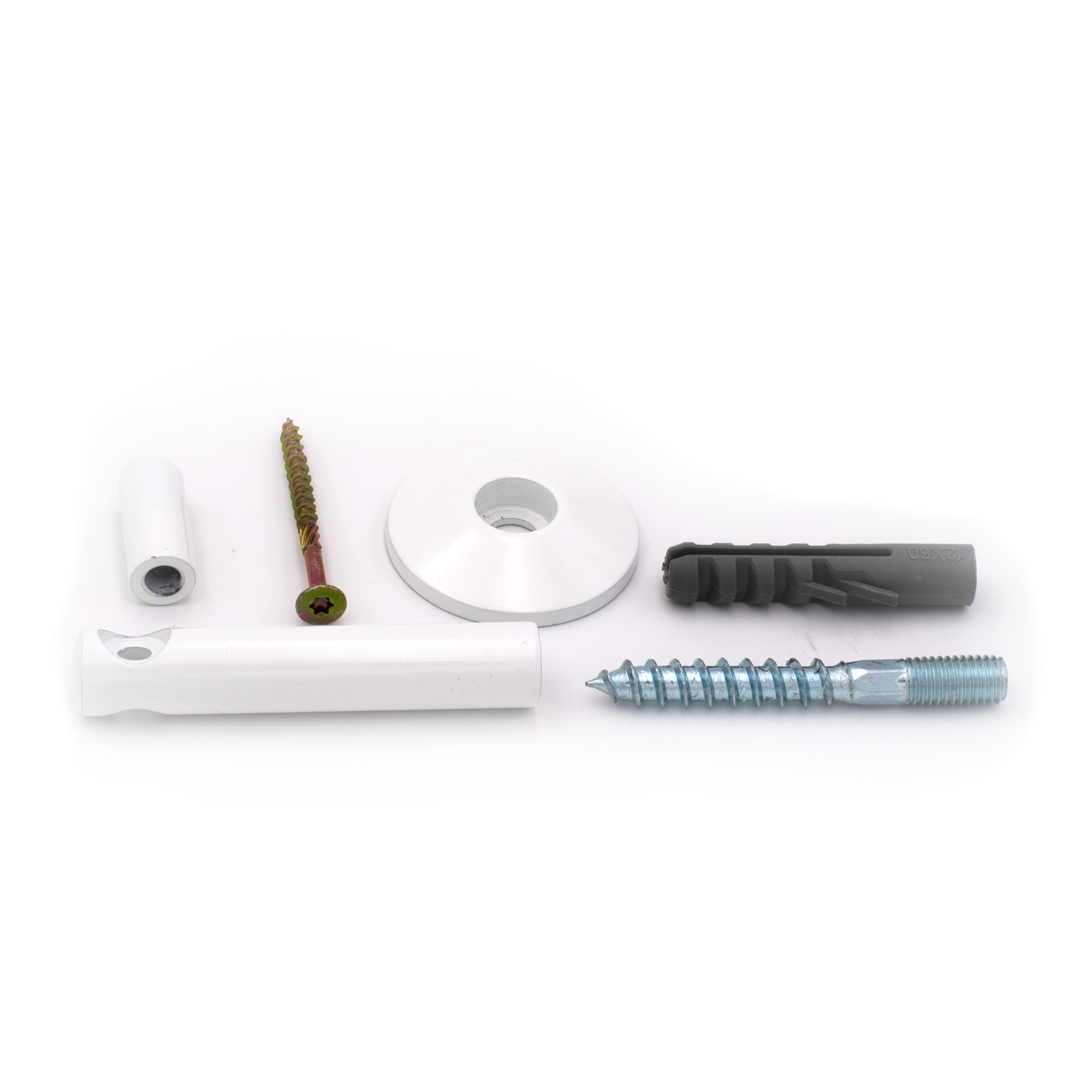 Support de main courante Mod.05 blanc, pièces : tige, rosace conique, entretoise, vis à double filetage, cheville, vis à bois