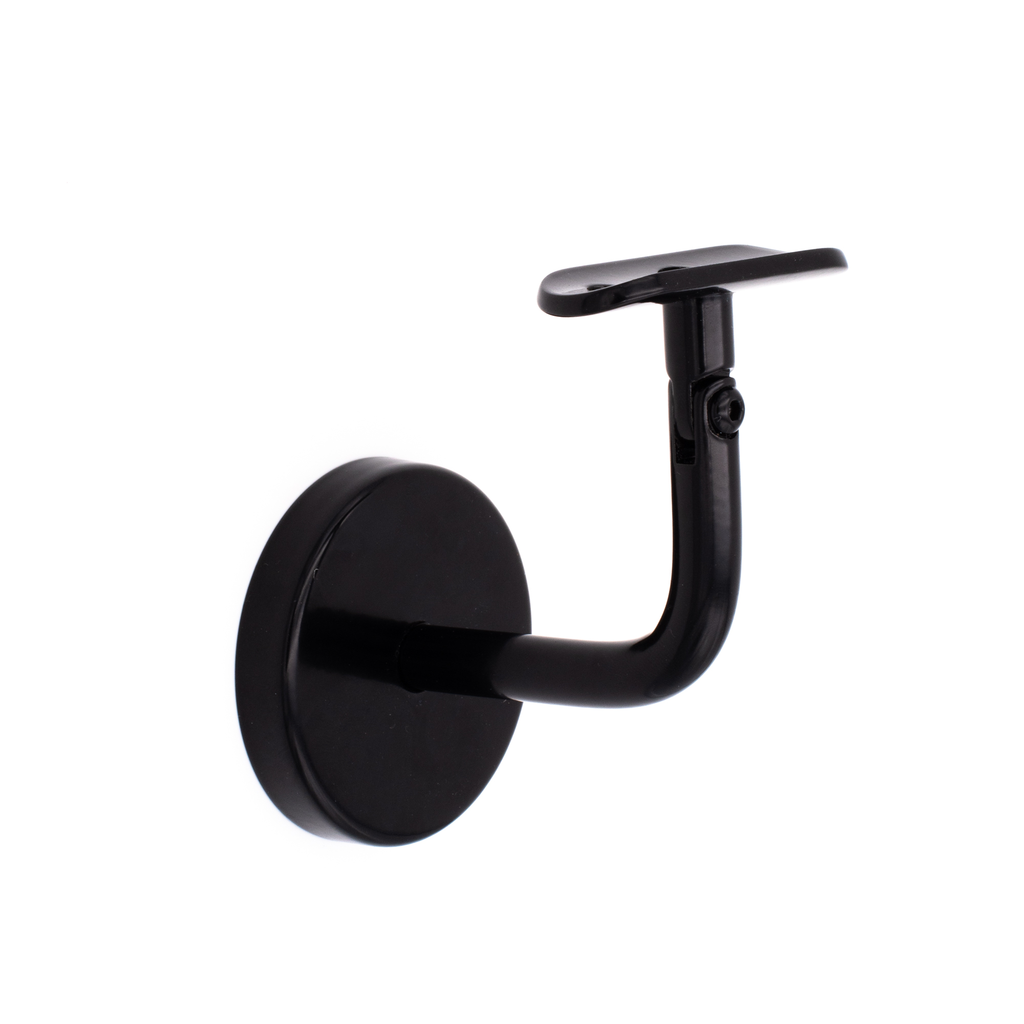 Support de main courante modèle 04 noir avec plaque bombée et rosace murale ronde, détouré en biais de face