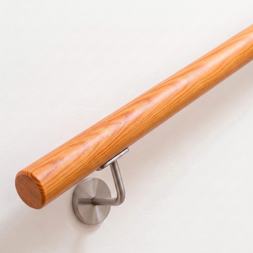 Main courante ronde en mélèze au veinage jaune rougeâtre avec support inox sur mur blanc, extrémité droite, vue oblique