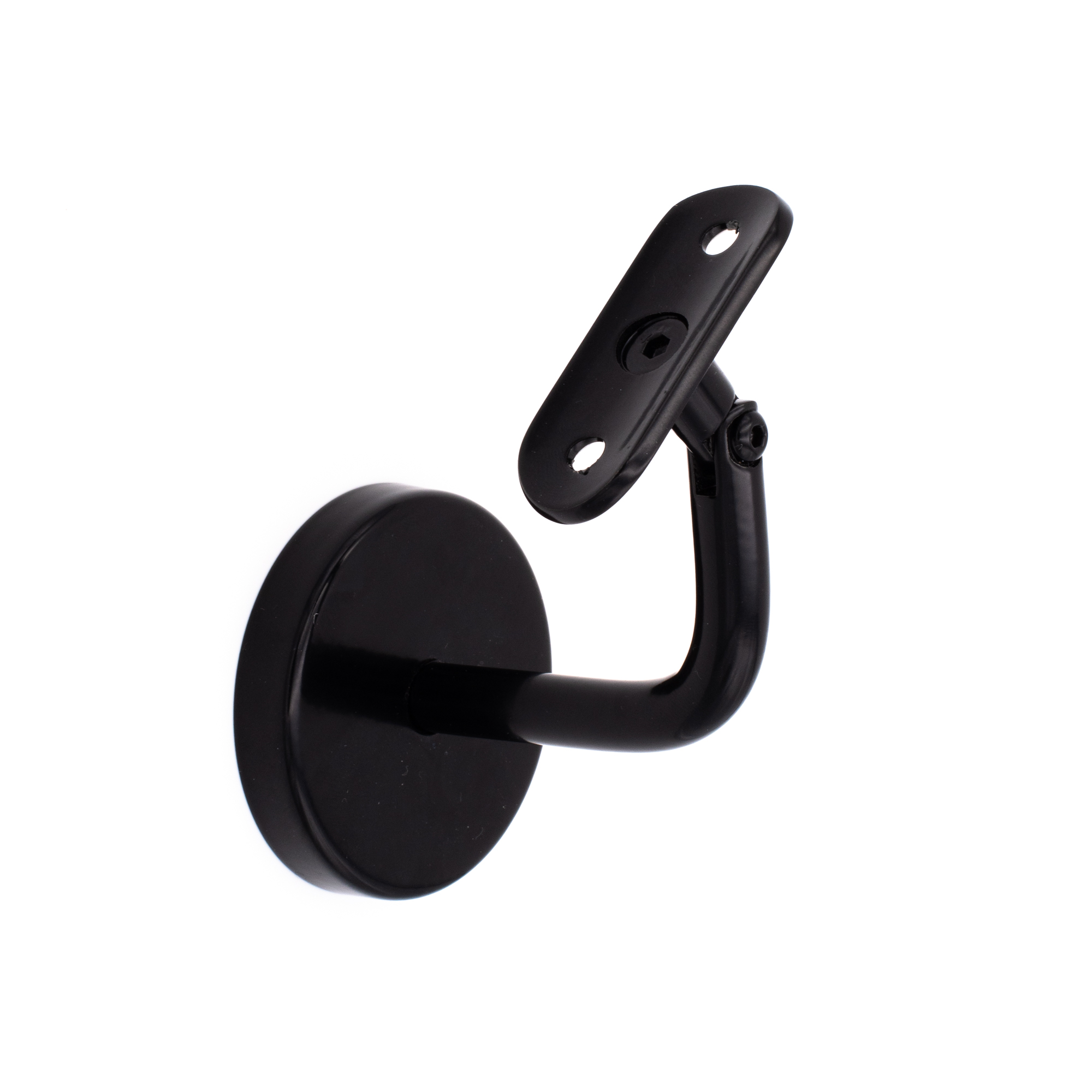 Support de main courante modèle 04 noir à articulation et plaque bombée, rosace ronde, pour main courante en bois