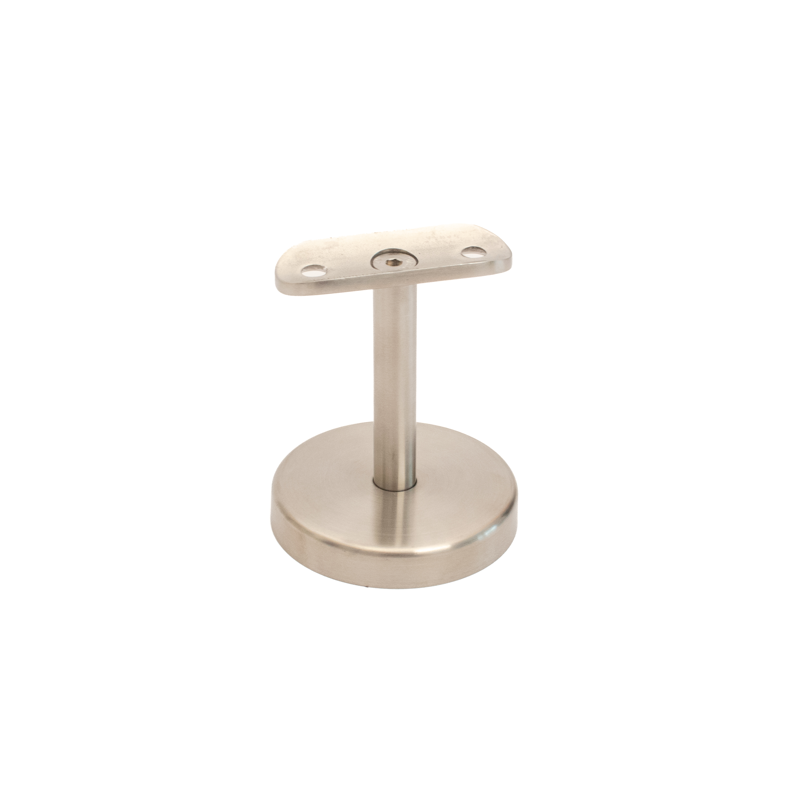 Support de main courante modèle 06 court inox, fixation en 3 points à platine ronde, tige courte et plaque bombée