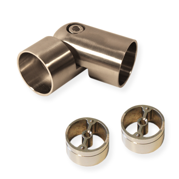 Raccord inox à angle réglable pour main courante en bois de 42 mm, deux douilles filetées, contenu de livraison détouré