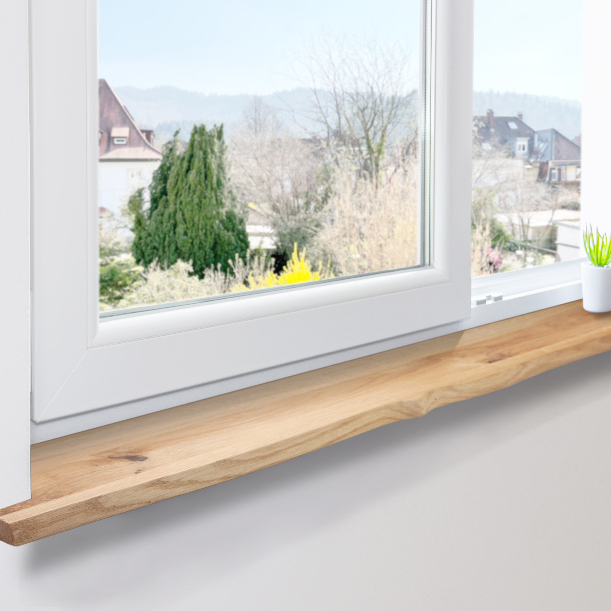 Appui de fenêtre en chêne sauvage naturel avec bord naturel devant fenêtre blanche, vue sur maisons et arbres, petite plante
