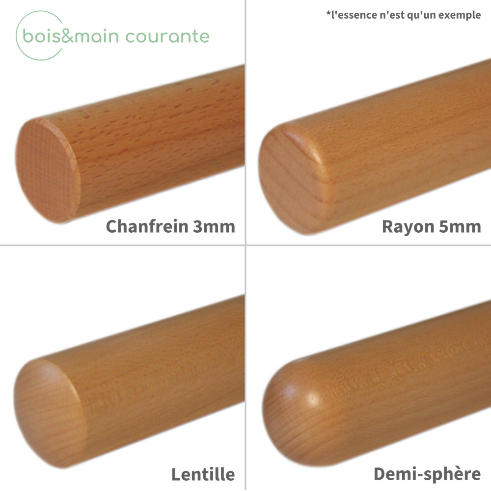 Finitions d'extrémité de main courante ronde : chanfrein 3 mm, rayon 5 mm, lentille et demi-sphère, essence à titre d'exemple