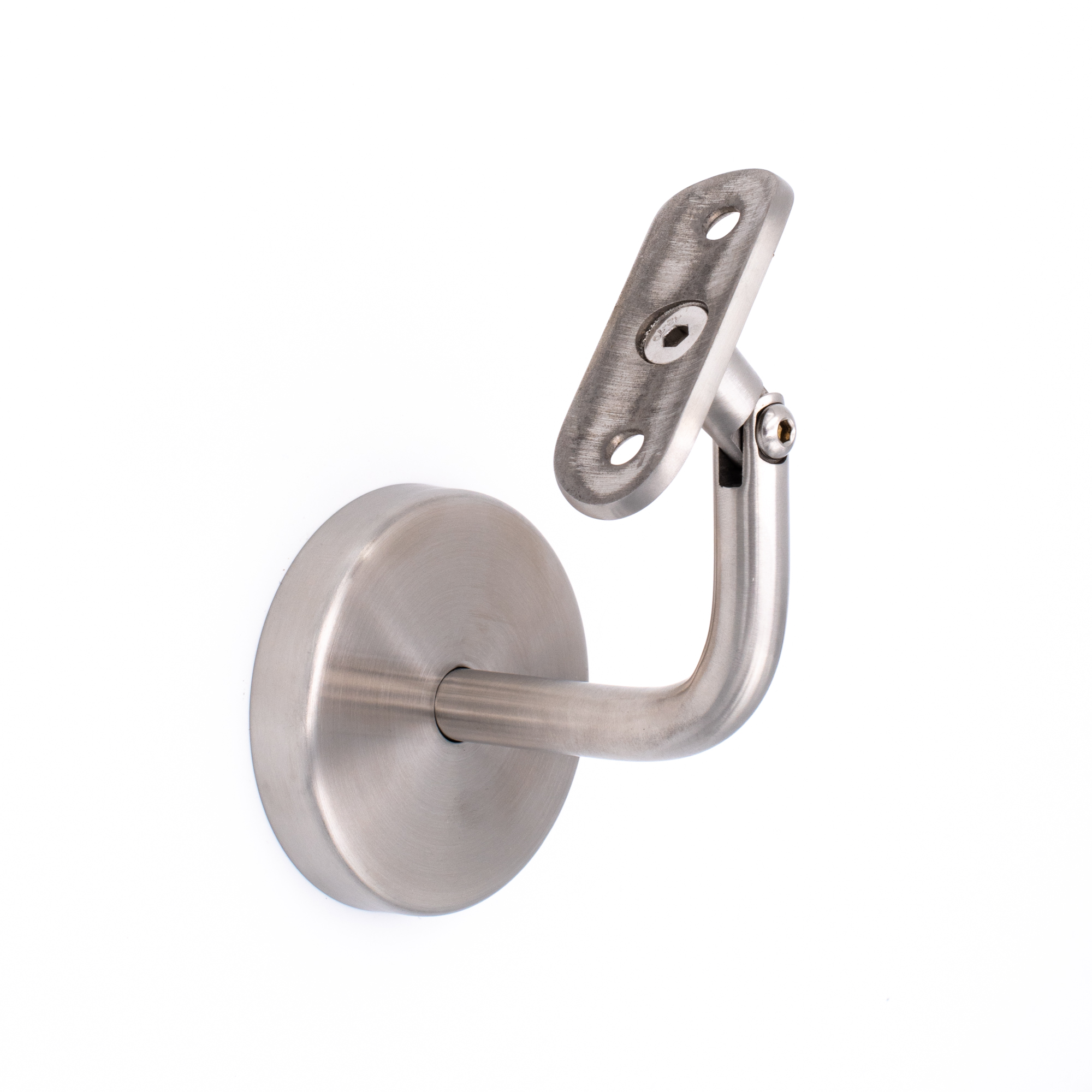 Support de main courante modèle 04 inox à articulation et plaque bombée, rosace ronde, pour main courante en bois