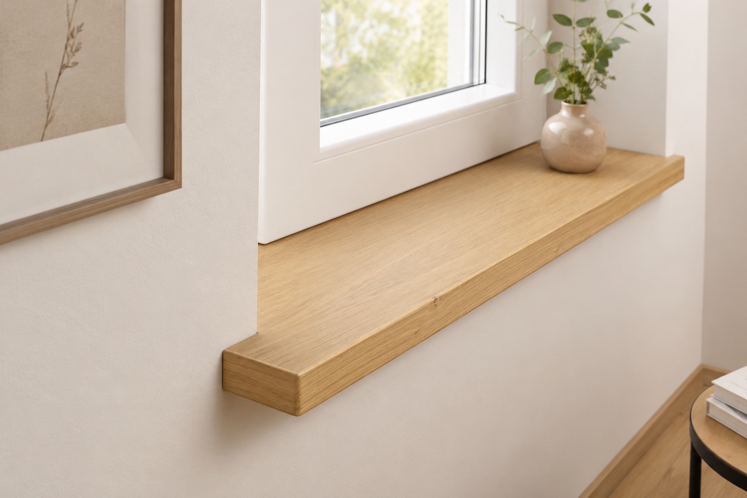 Appui de fenêtre de rénovation en chêne posé sur l'appui existant pour le recouvrir, vase avec branche, fenêtre blanche
