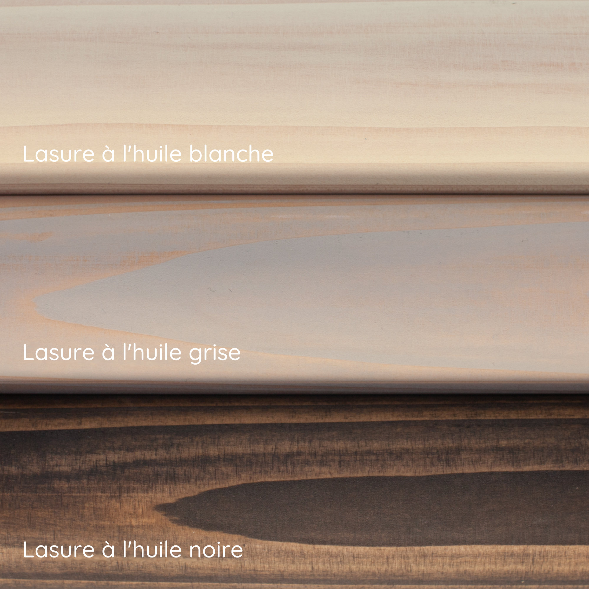 Lasures à l'huile blanche, grise et noire sur main courante en épicéa/sapin : trois échantillons de teinte superposés
