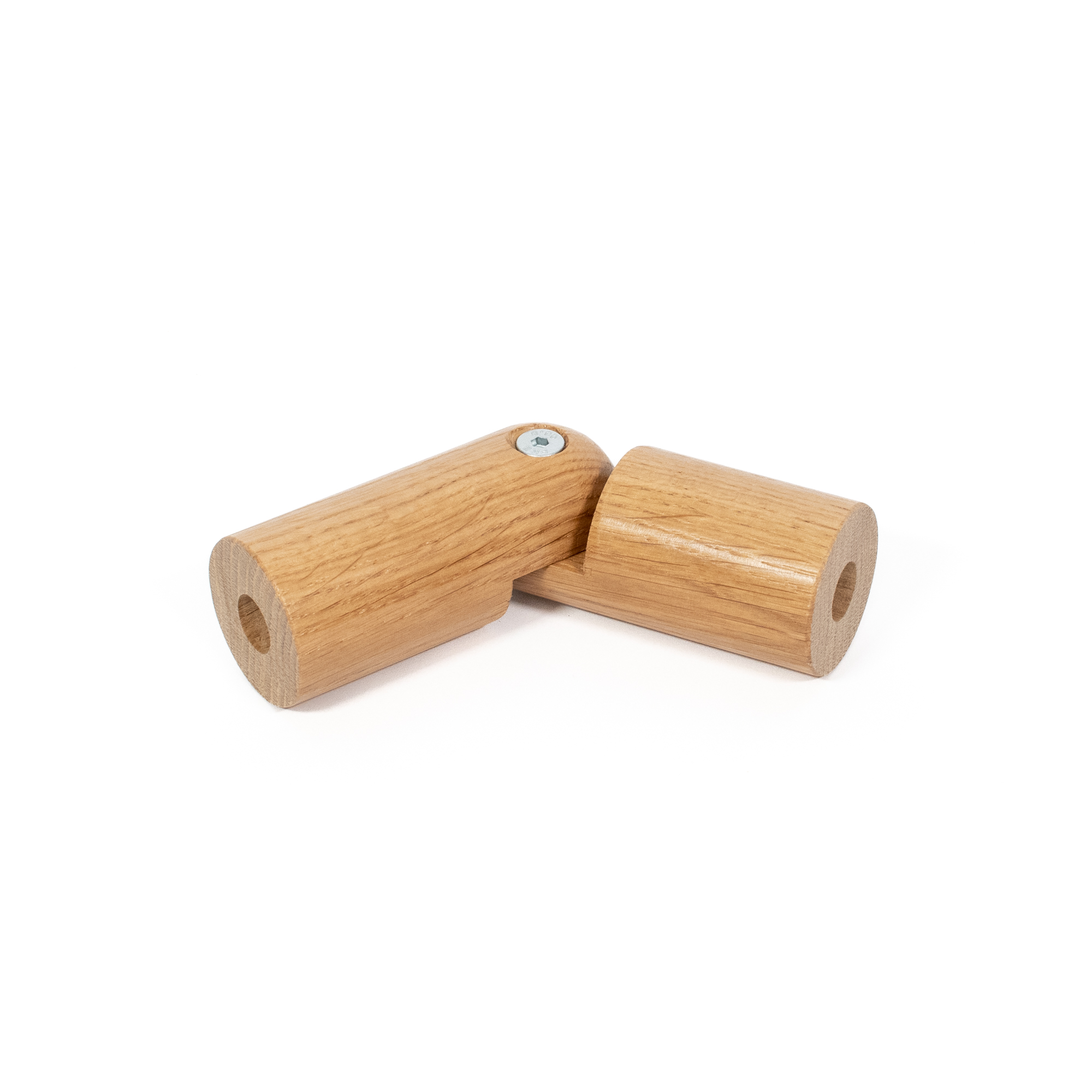 Raccord d'angle flexible en chêne Ø 42 mm pour main courante en bois, coudé à 90°, vis d'articulation visible, détouré