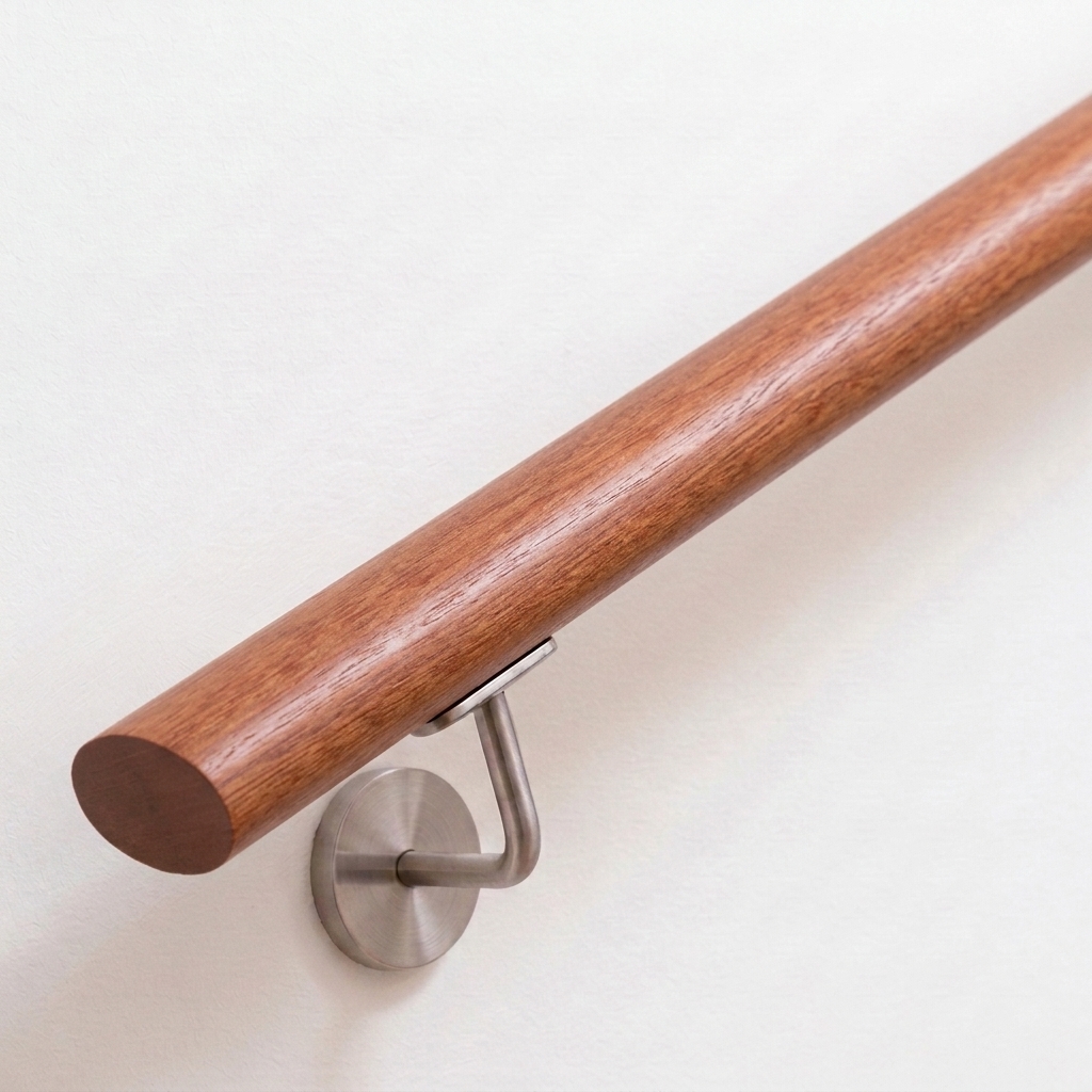 Main courante ovale en acajou brun-rouge avec support inox sur mur blanc, extrémité droite, vue oblique de dessus