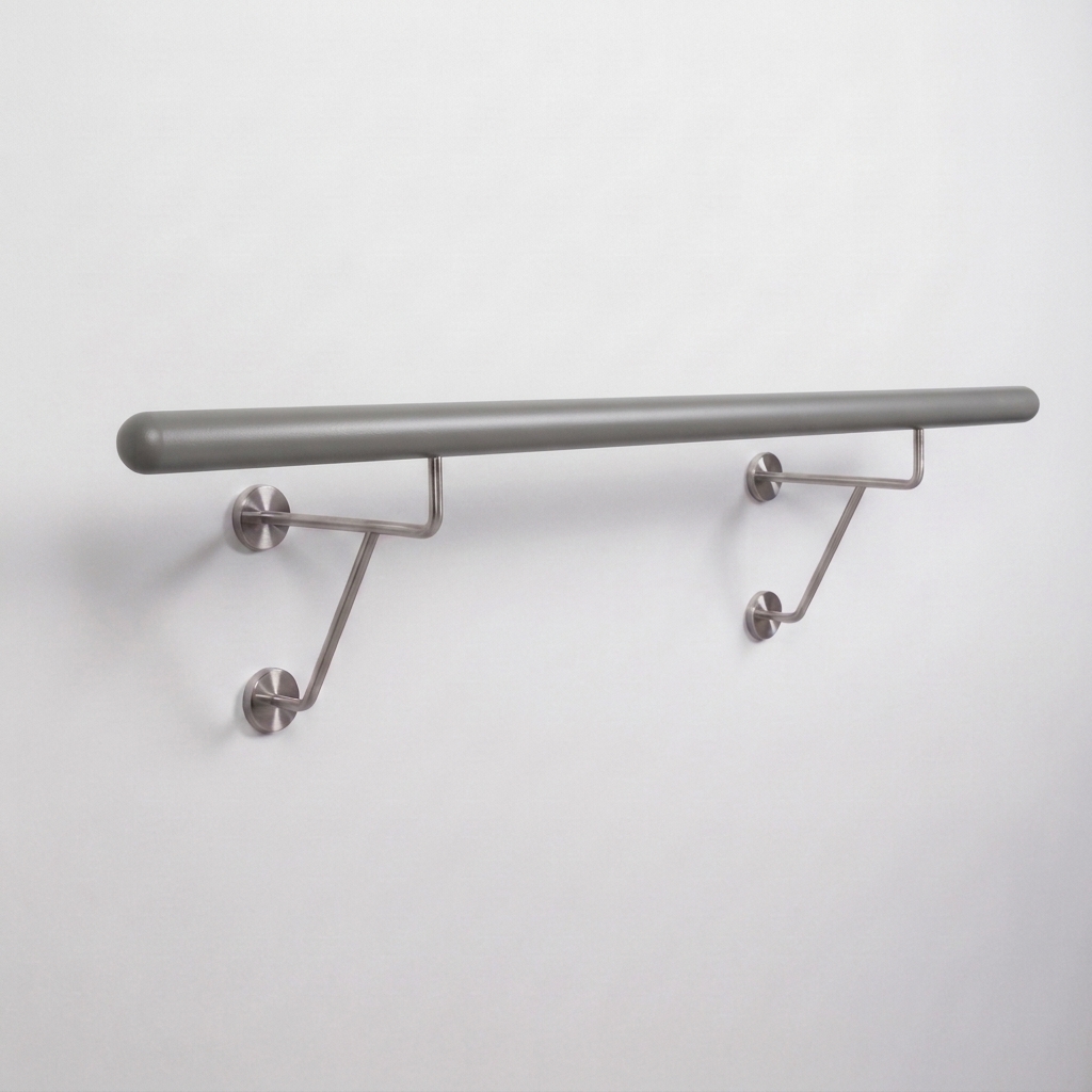 Barre de ballet en hêtre laqué gris avec deux doubles supports muraux inox, gris opaque, détourée
