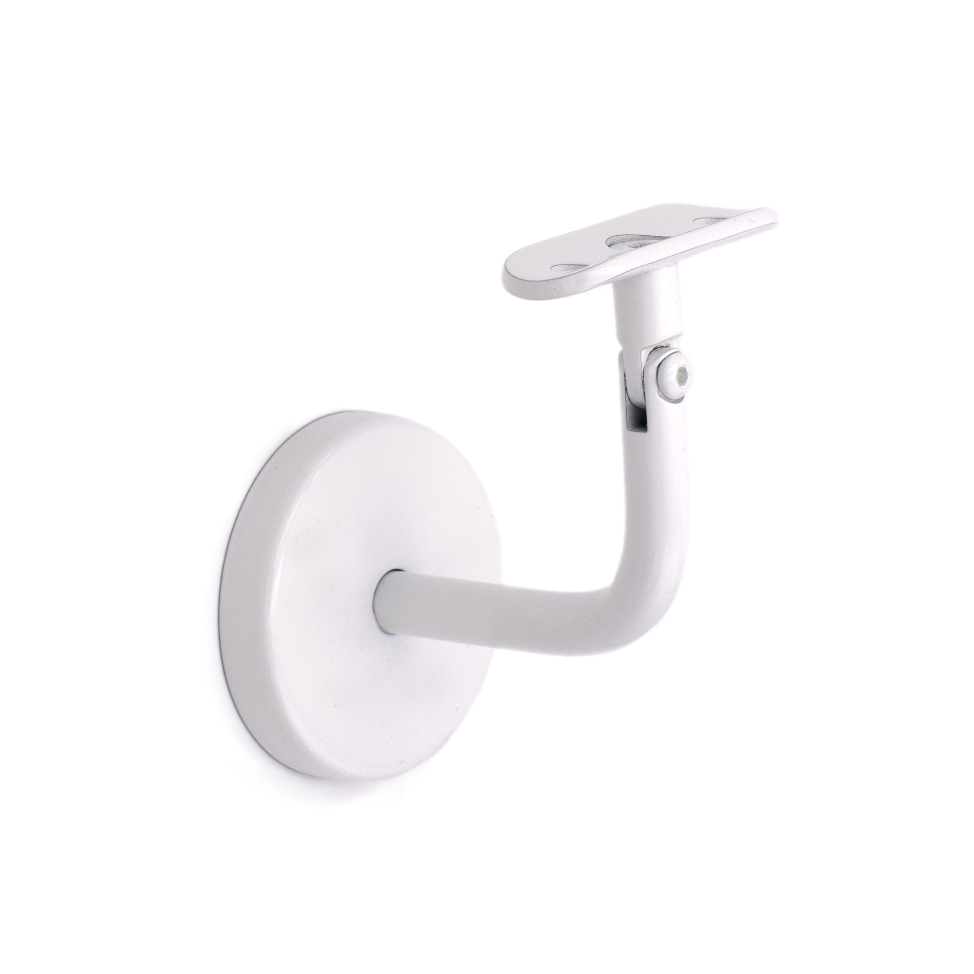 Support de main courante modèle 04 blanc avec plaque bombée et rosace murale ronde, détouré en biais de face