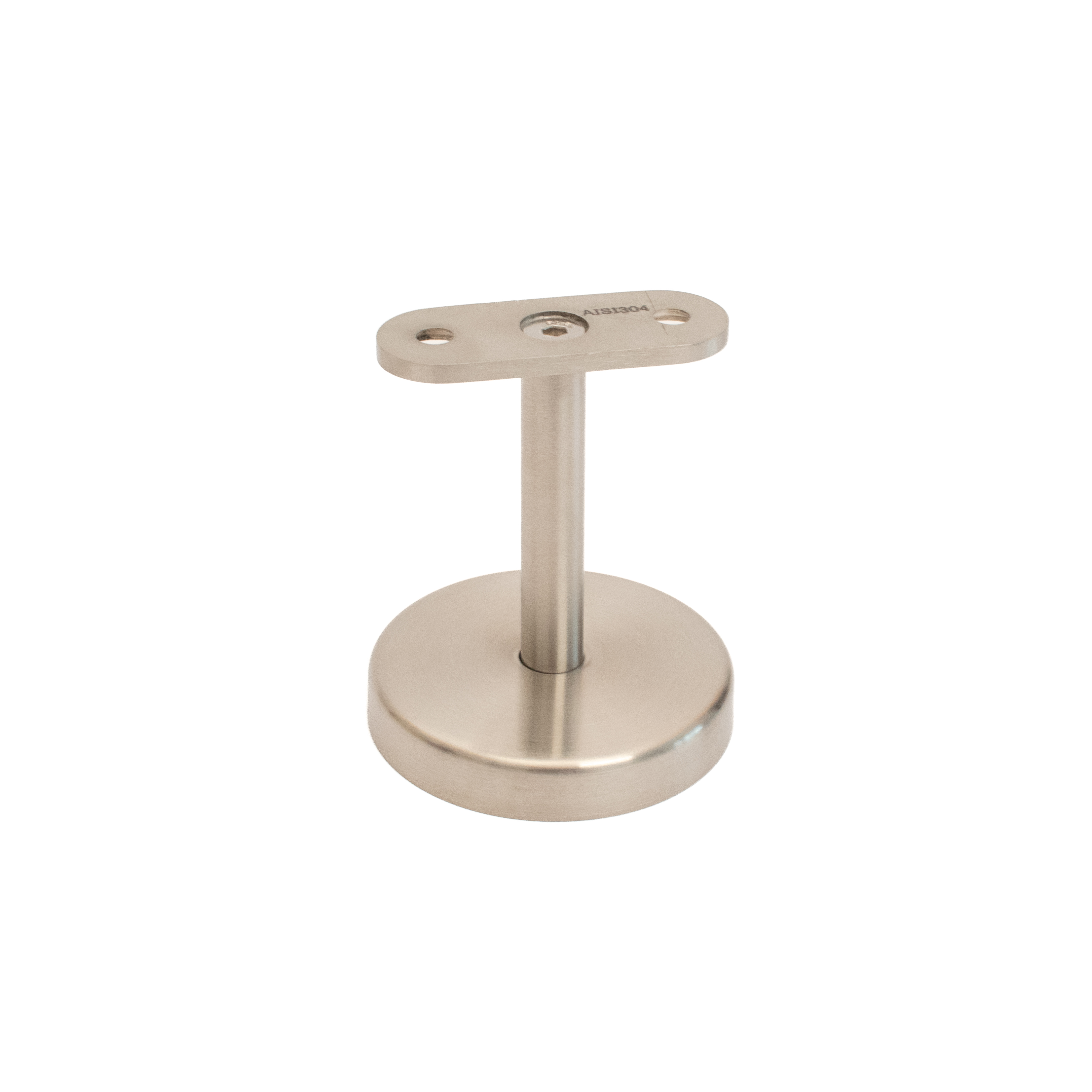 Support de main courante modèle 06 court inox, fixation en 3 points à platine ronde, tige courte et plaque droite