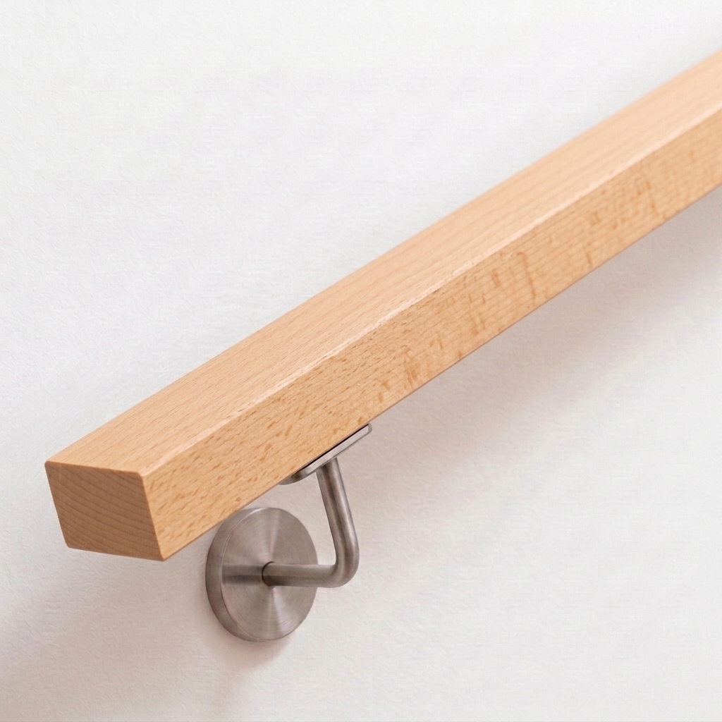 Main courante rectangulaire en hêtre clair avec support inox sur mur blanc, extrémité droite, vue oblique de dessus
