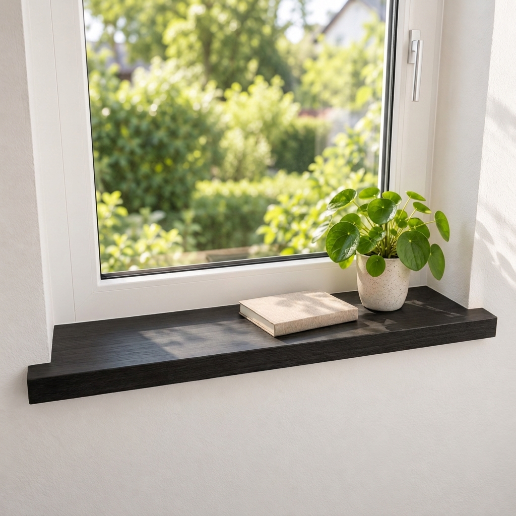Appui de fenêtre de rénovation en hêtre teinté noir, bois massif, devant fenêtre blanche côté jardin, pilea en pot blanc
