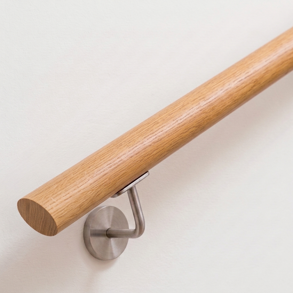 Main courante ovale en chêne au veinage visible avec support inox sur mur blanc, extrémité droite, vue oblique