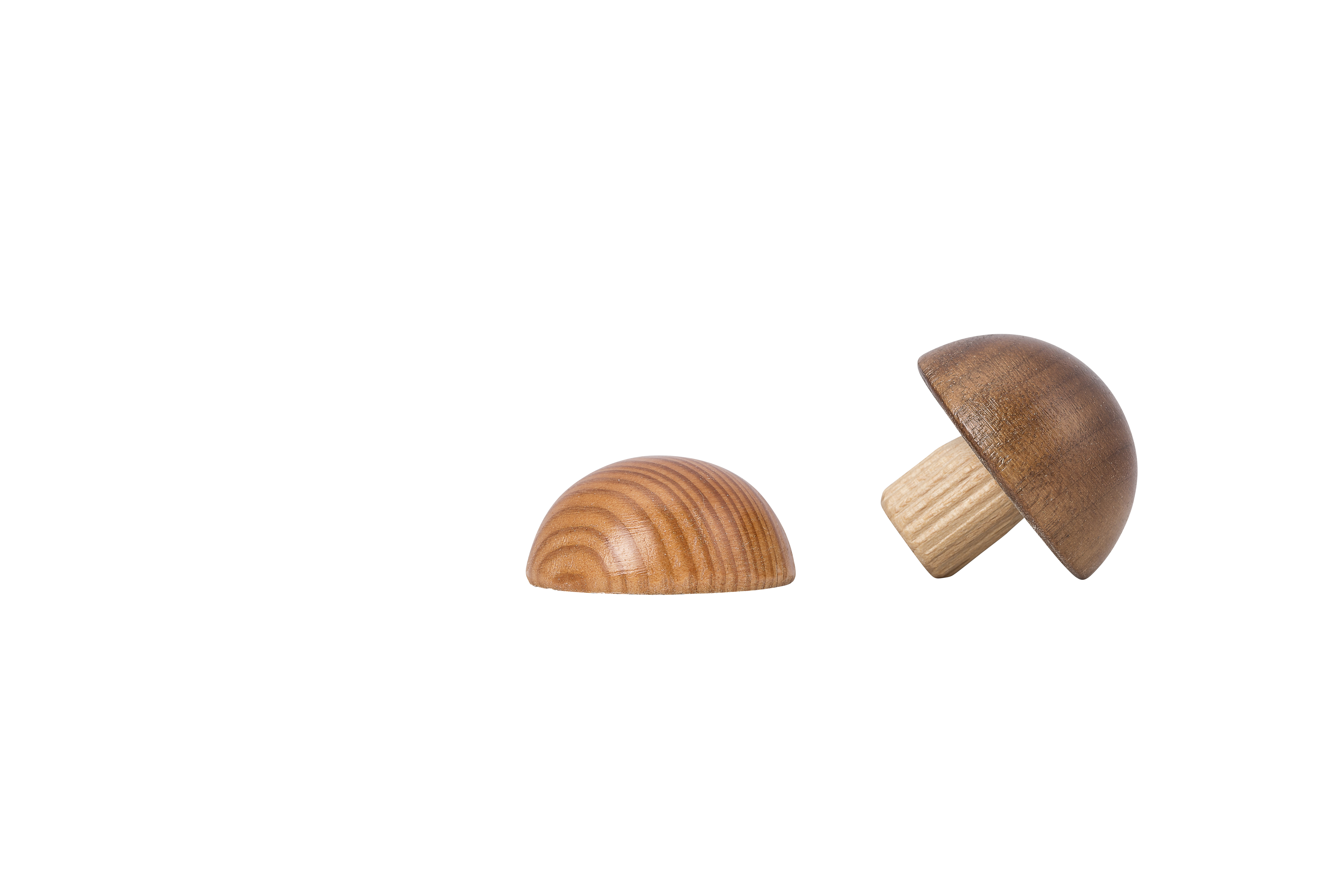 Embout en mélèze pour main courante en bois, deux embouts demi-ronds à cernes, dont un avec tourillon, Ø 40 à 50 mm