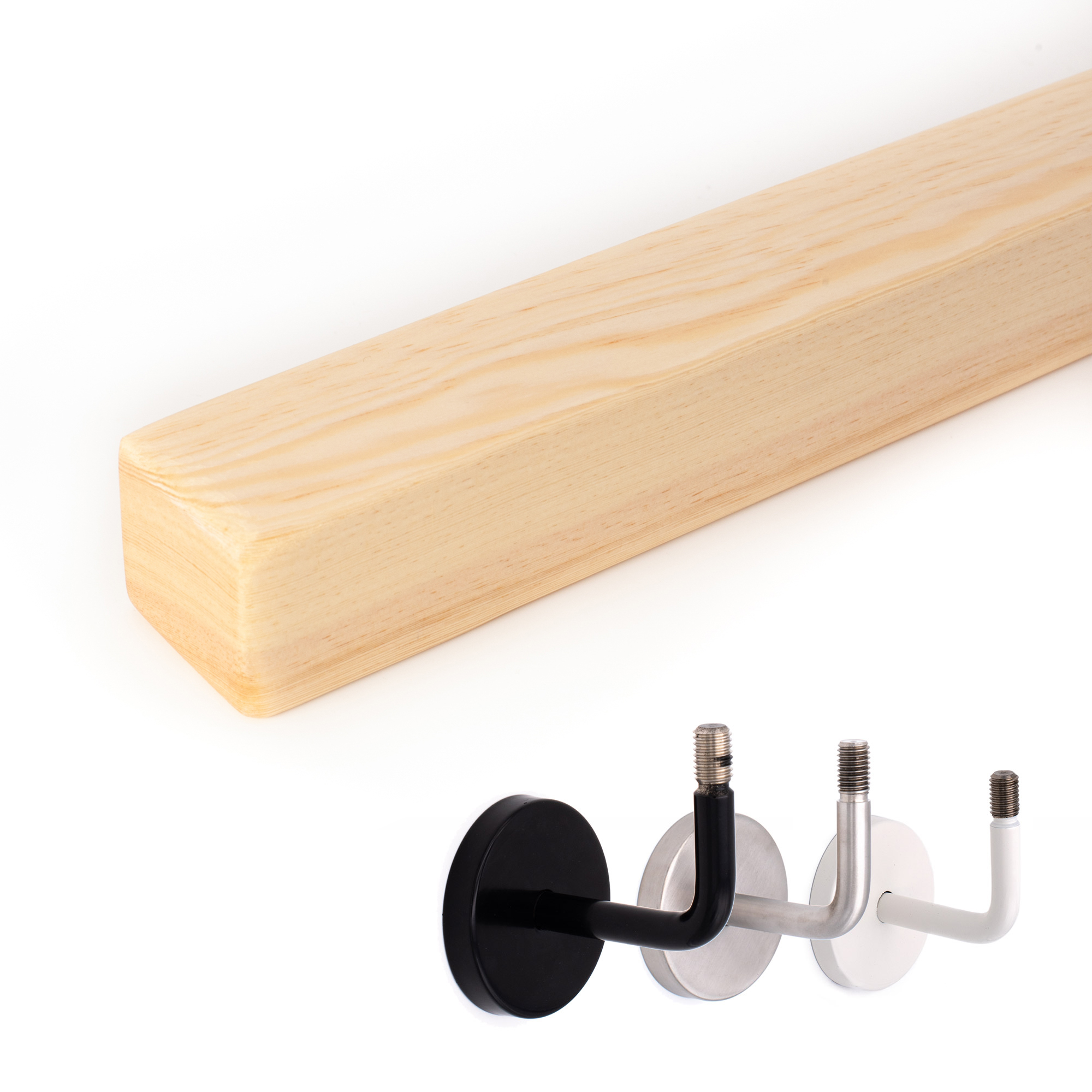 Main courante carrée en frêne : main courante en bois carrée en frêne naturel, à côté supports noir, inox et blanc